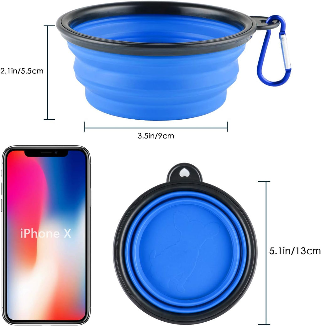 Collapsible silicone dog bowls, 3-pack travel pet food water bowls in orange, green and blue. 5.1 in wide, 2.1 in tall, folds to 0.5 in. Holds 12 oz water or 1.5 cups food. Includes ID tag. - view 2
