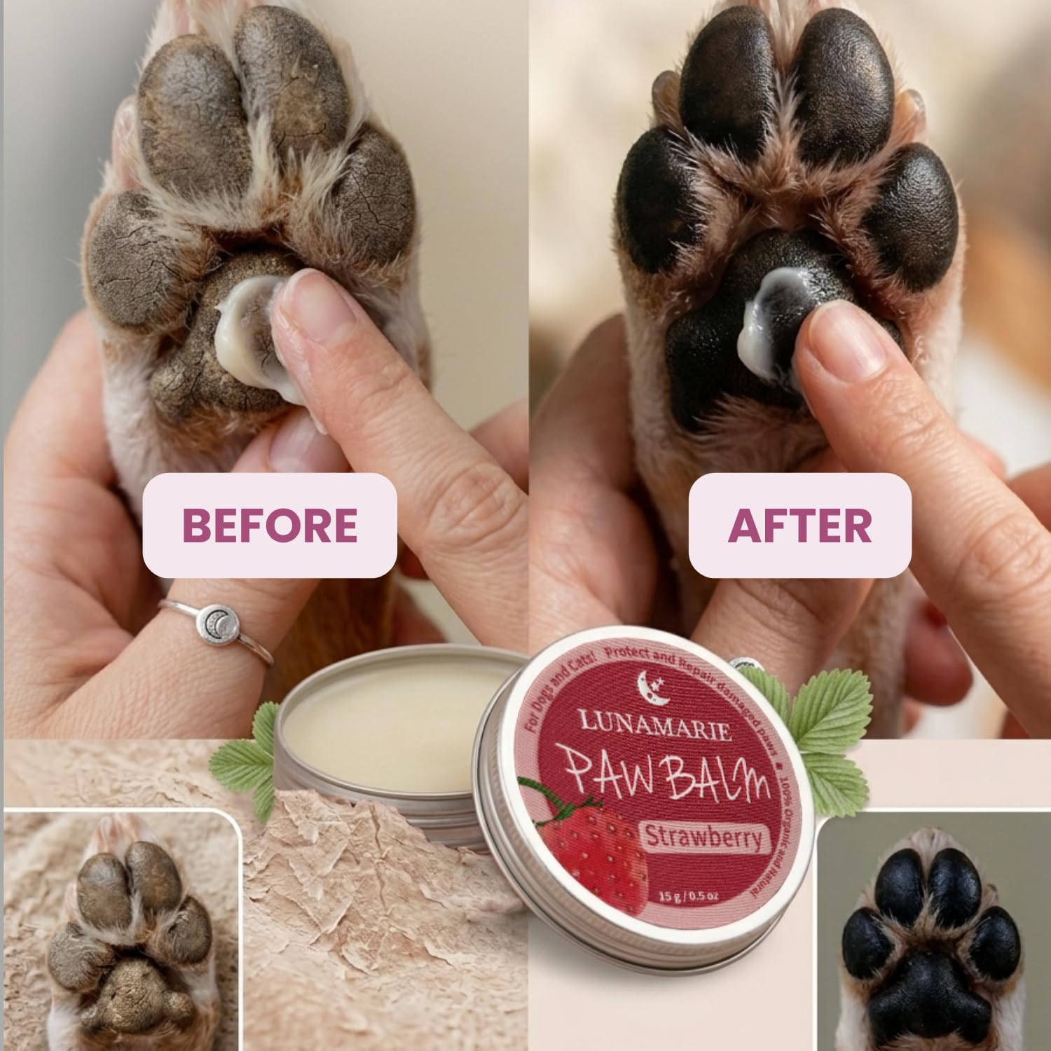 Paw Balm | 100% Natural Organic Nose & Paw Soother with Shea Butter & Coconut Oil | Paw Pad Balm Dogs & Cats, Licksafe Paw Wax for Pets with Lavender Scent (Strawberry (Travel Size) 0.5 Oz) - view 6
