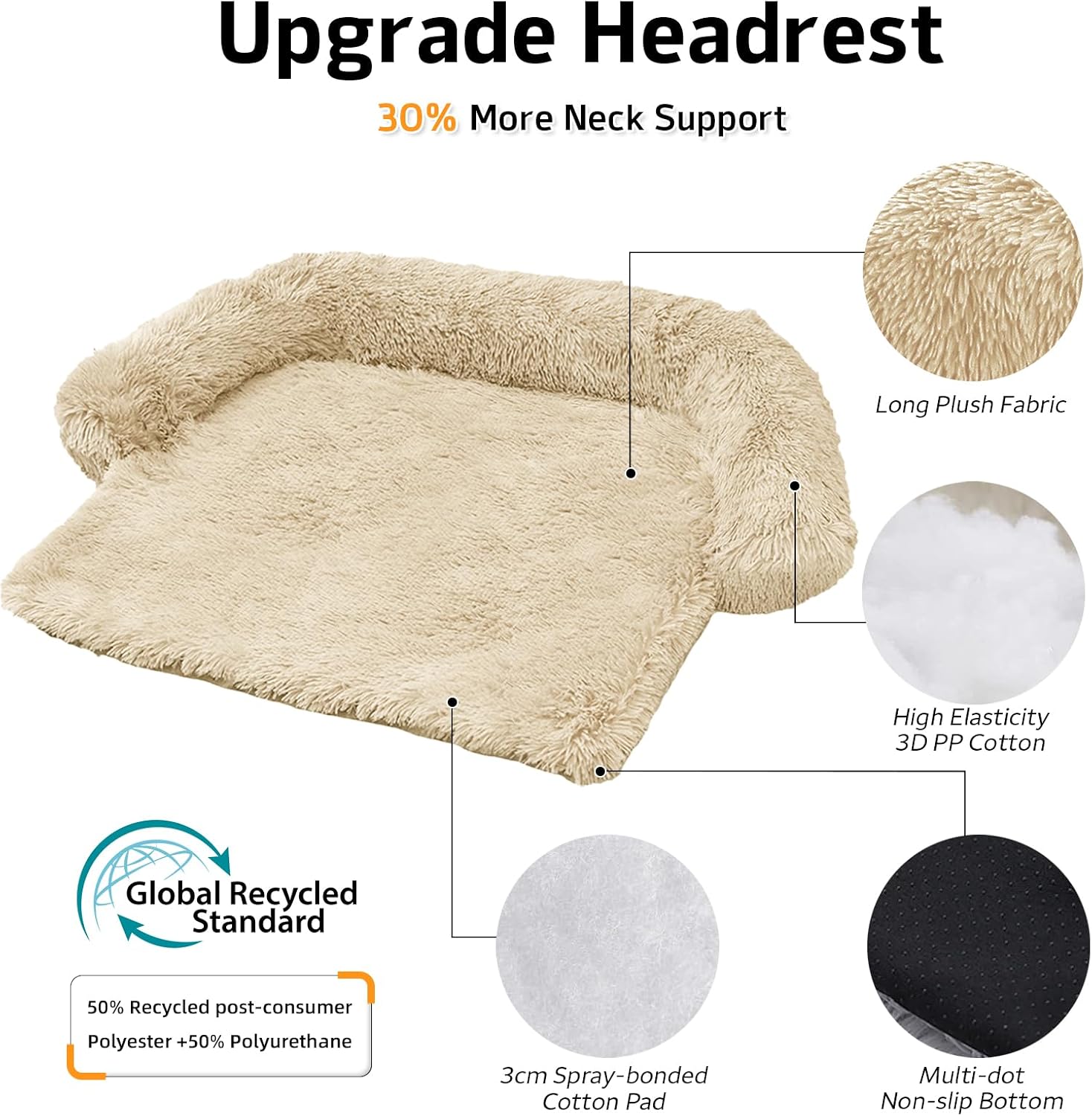 Calming dog bed fluffy plush dog mat for furniture protector with removable washable cover for large medium small dogs and cats (large, beige) - view 2