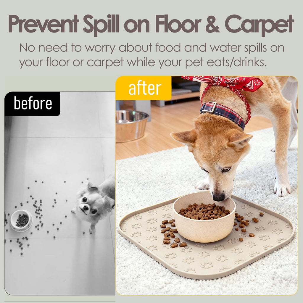 Pet Feeding Mat, Waterproof Anti-Slip Placemats for Dog Cat Bowl Silicone Pet Food Mat, Raised Edge Prevent Spills on Floor & Carpet, Dishwasher Safe (Beige, 11" x 11") - view 3