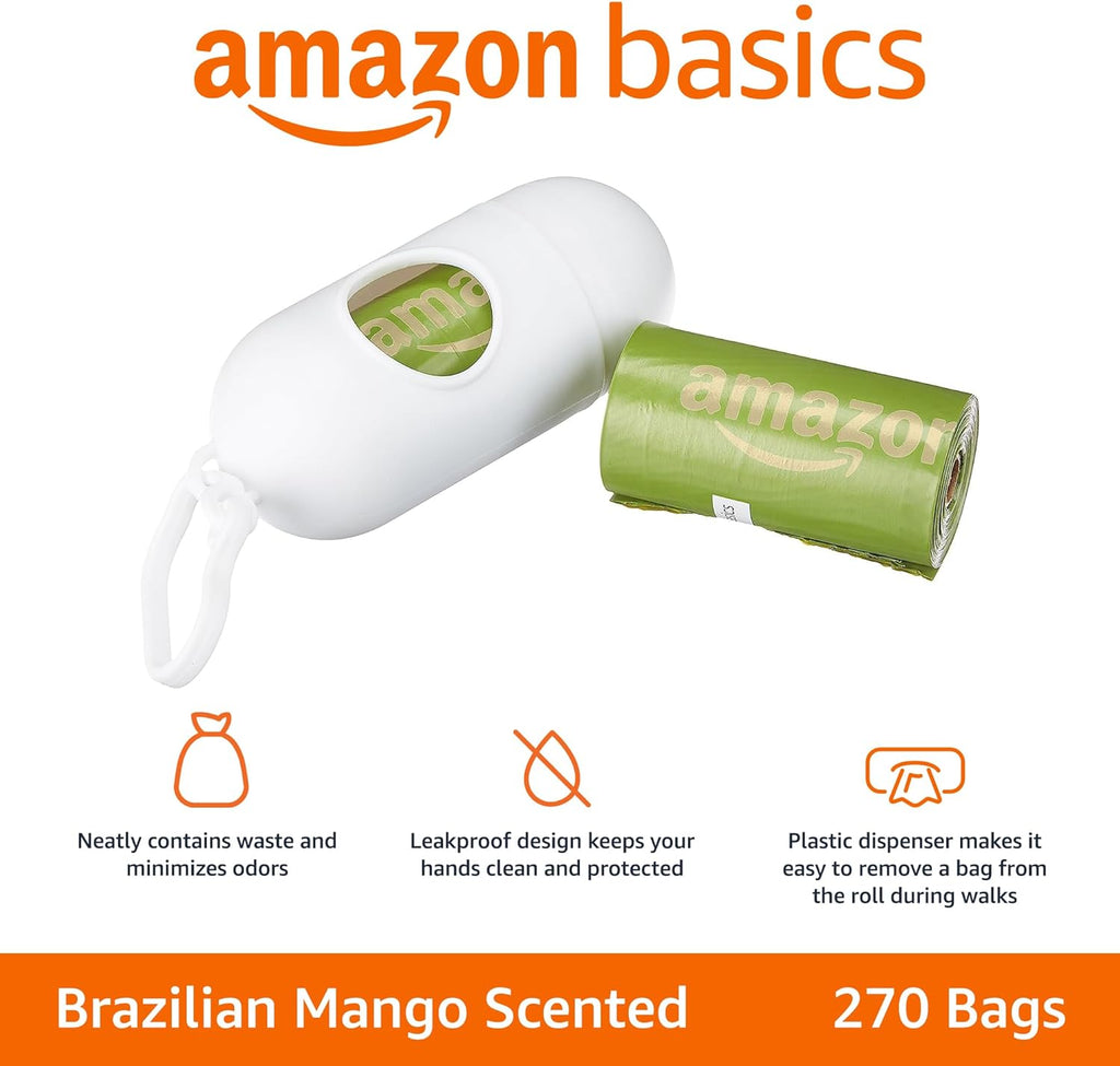 Premium Leak Proof Dog Poop Bags with Dispenser and Leash Clip, Brazilian Mango Scented, 13" x 9", 270 Count (18 Rolls of 15), Easy-Tear - view 2