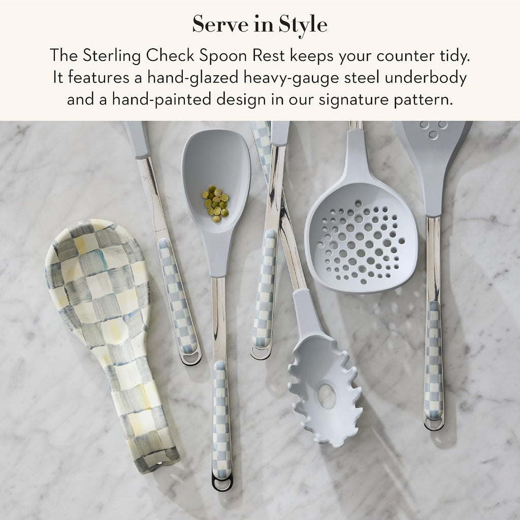 Enamel Spoon Rest, Gray-and-White Sterling Check | Hand-painted design, made from enameled steel, utensil rest and spoon holder for stovetop and kitchen counter use, 8.5" L - view 2