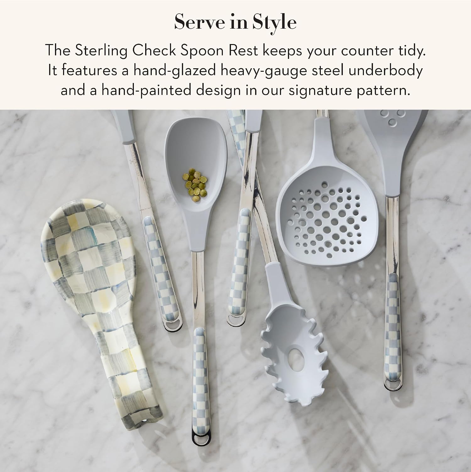 Enamel Spoon Rest, Gray-and-White Sterling Check | Hand-painted design, made from enameled steel, utensil rest and spoon holder for stovetop and kitchen counter use, 8.5" L - view 2