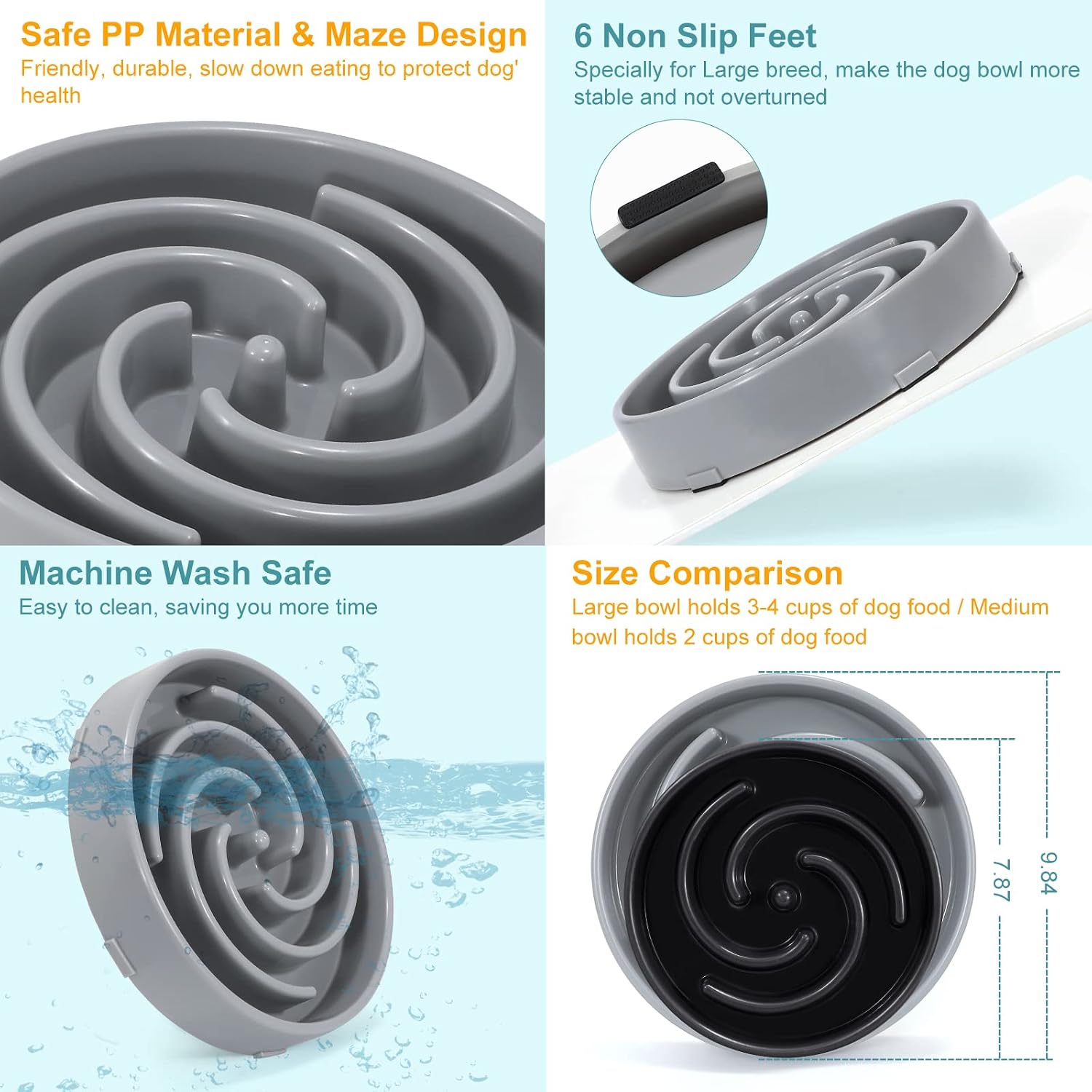 Slow feeder large dog bowls for large medium dog non slip maze puzzle bowl pet slower food feeding dishes interactive bloat stop dog bowl preventing choking healthy dog bowl, light gray - view 4