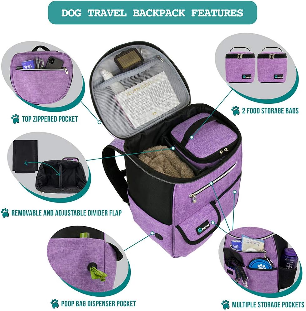 Dog Travel Backpack 27L Airline Approved Pet Supplies Bag, Purple | Cat Traveling Suitcase Organizer for Weekend Road Trip Camping; 2 Food Containers, 2 Collapsible Bowls & Poop Bag Dispenser - view 3