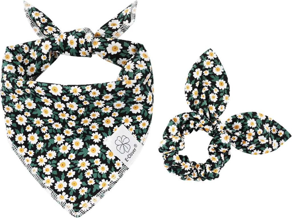Dog Bandanas & Matching Scrunchie Set Girl Dog Scarf Bibs with Bow Scrunchie for Medium Large Dogs Pet Owner Gifts Flower Black