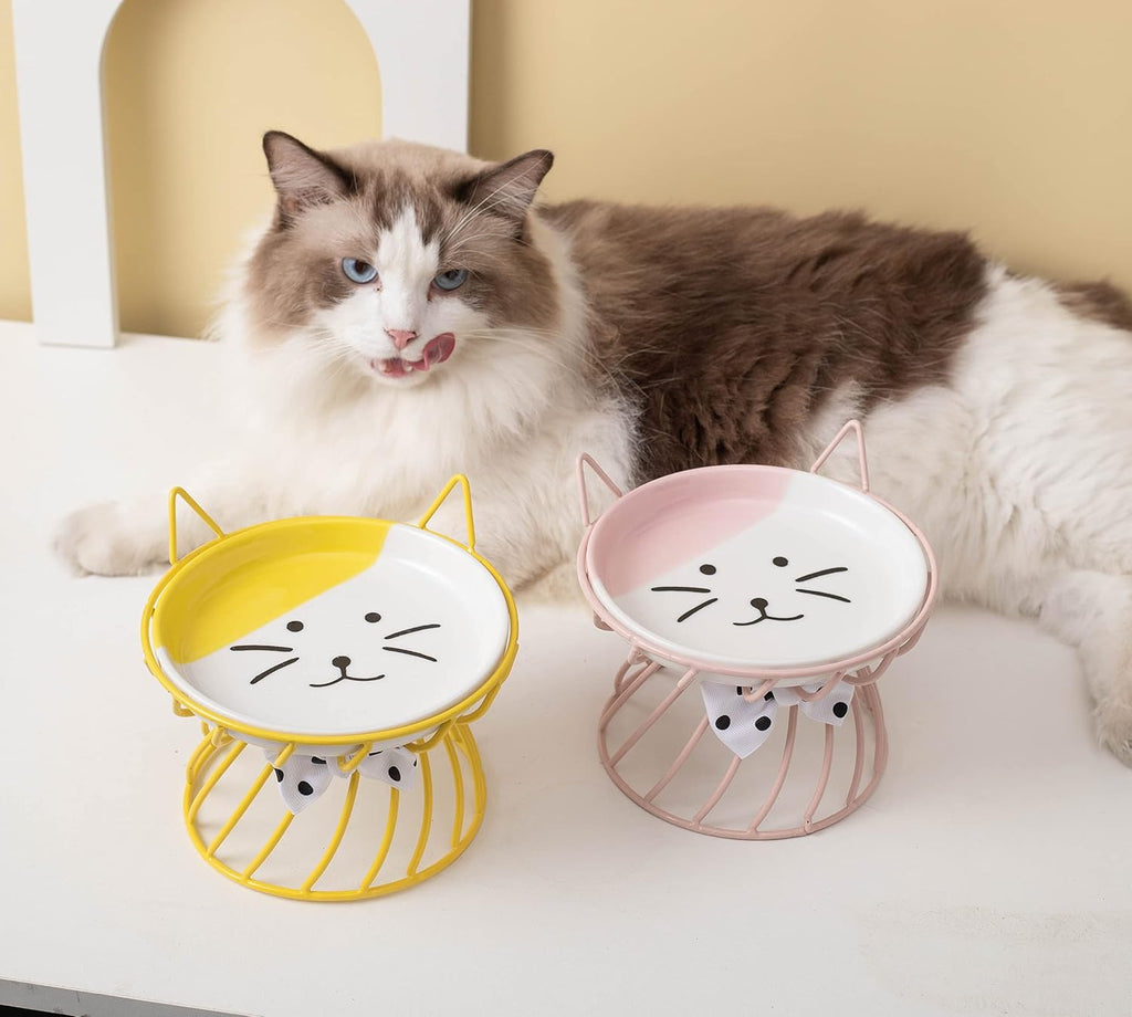 Elevated ceramic cat bowl, detachable design, yellow | detachable bowl elevated design whisker friendly non-slip pads premium ceramic - view 8