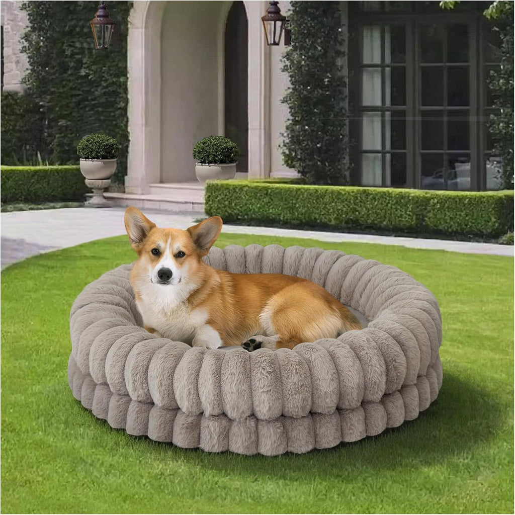 Luxury donut dog bed, 30 inches round dog bed medium size dogs washable, orthopedic calming dogs bed for pets with anti-slip bottom, oatmeal