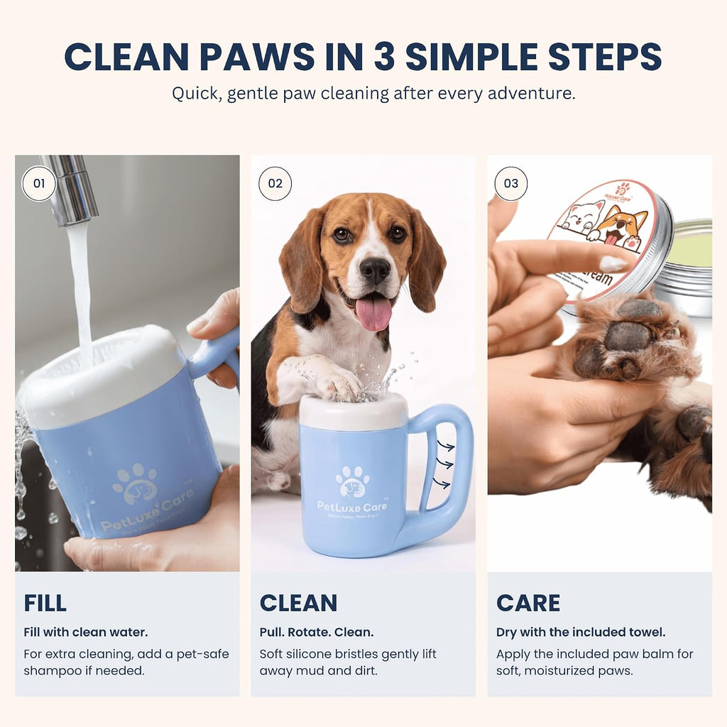 Dog Paw Cleaner, Paw Washer Cup with Soft Silicone Bristles, Portable Dog Foot Washer, 4-in-1 Paw Cleaner Kit with Paw Balm, Microfiber Towel & Grooming Brush (Blue, Medium) - view 5