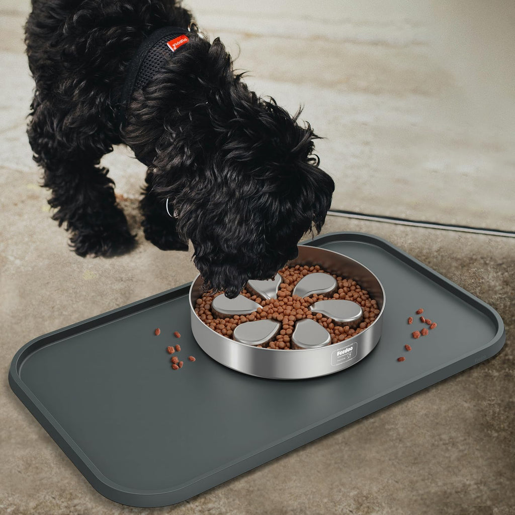 Pet feeding mat [warped resistant raised edge], water-proof silicone placement for food water bowls, anti-slip base protect floor, BPA-free & dishwasher-safe [23.5x13.5inch large, gray] - view 7