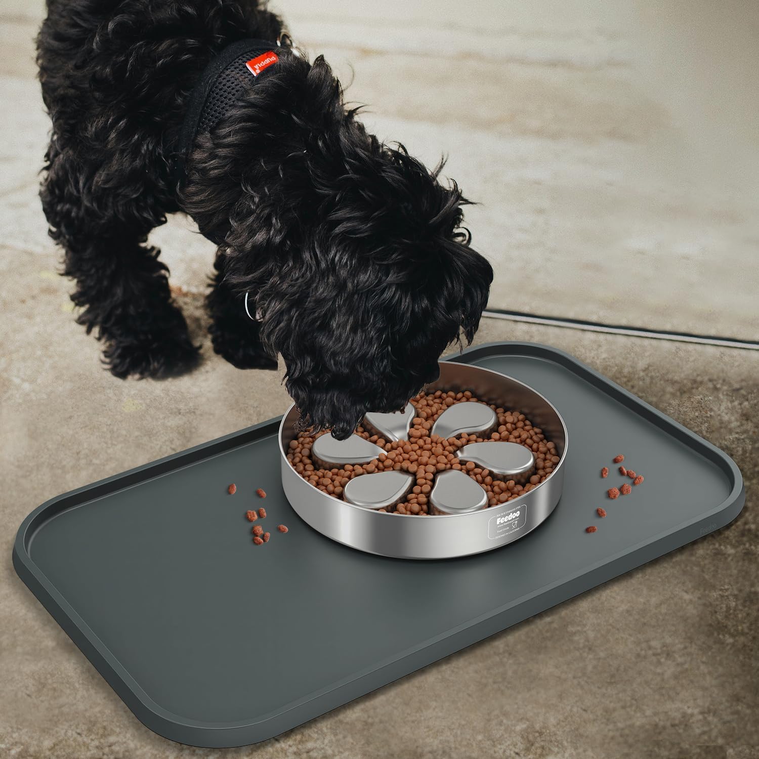 Pet feeding mat [warped resistant raised edge], water-proof silicone placement for food water bowls, anti-slip base protect floor, BPA-free & dishwasher-safe [23.5x13.5inch large, gray] - view 7