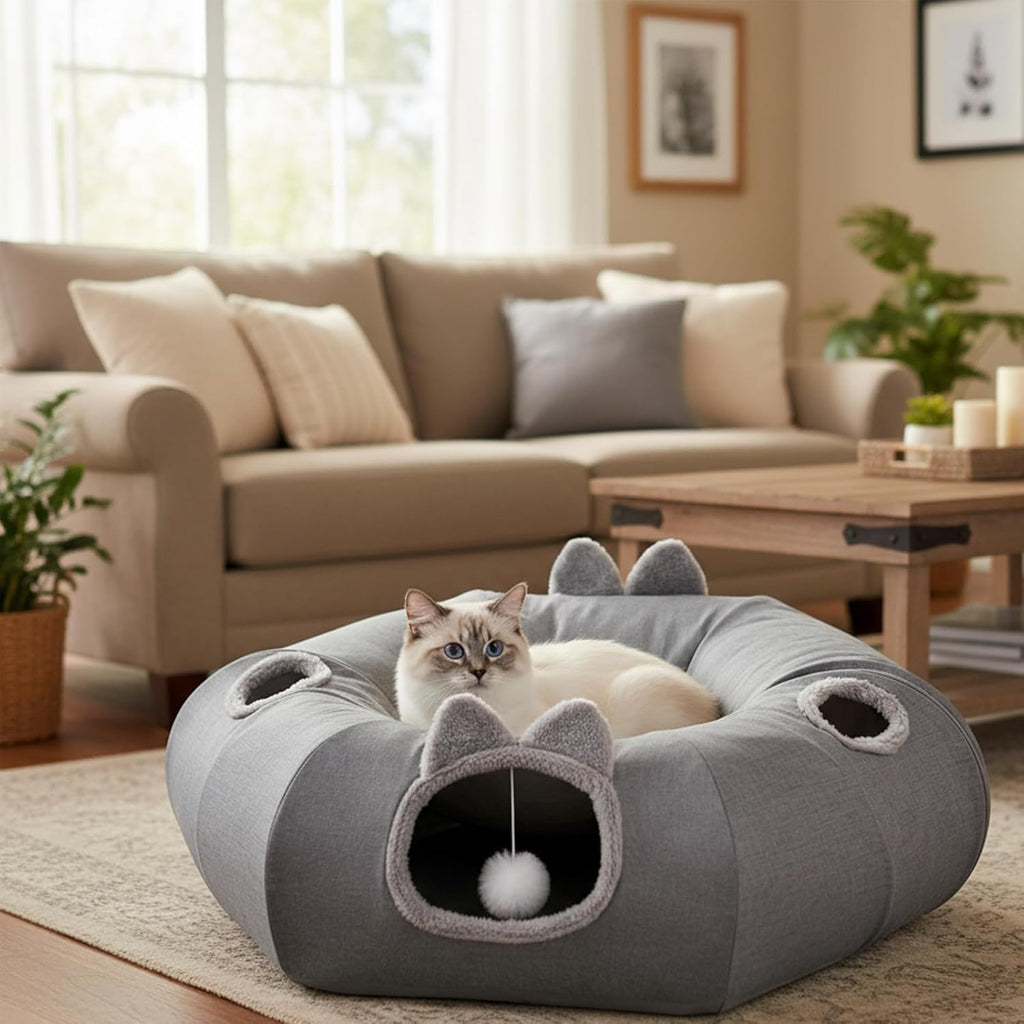 Linen cat tunnels with central cat bed, interactive cat toys detachable washable soft mat large indoor play tunnel cave for kittens and small animals - view 7