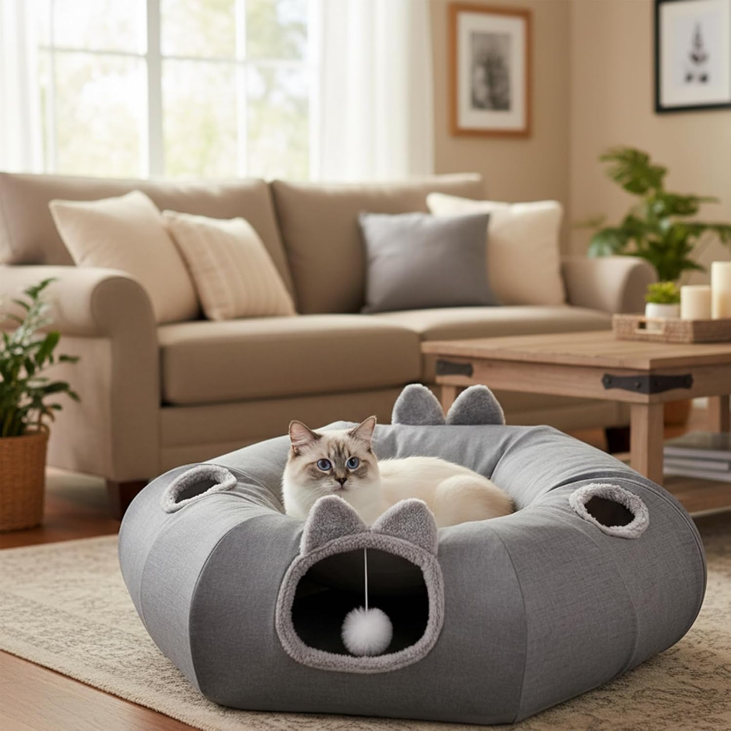 Linen cat tunnels with central cat bed, interactive cat toys detachable washable soft mat large indoor play tunnel cave for kittens and small animals - view 7