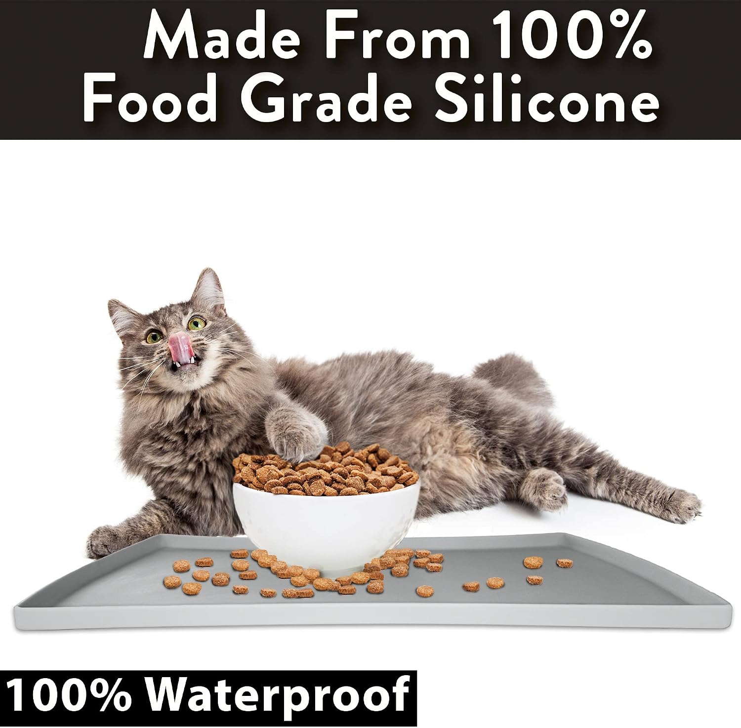 Cat Food Mat, Small & Large Pet Food Mat, 100% Waterproof Cat Placemat for Food and Water, Silicone Mats for Pets Bowls, Non-Slip Mats for Pet Bowl or Fountain (Large, Gray) - view 3