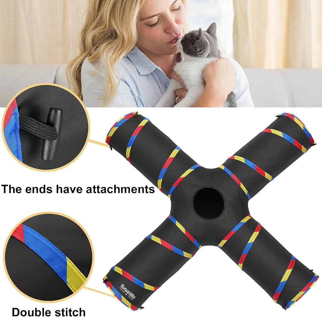 4 Way Large Cat Tunnels for Indoor Cats - 10" Diameter & 47" Long Play Tunnel Toy - Cat Tube with Play Ball & Mouse Toy - Interactive Peephole (Black) - view 4