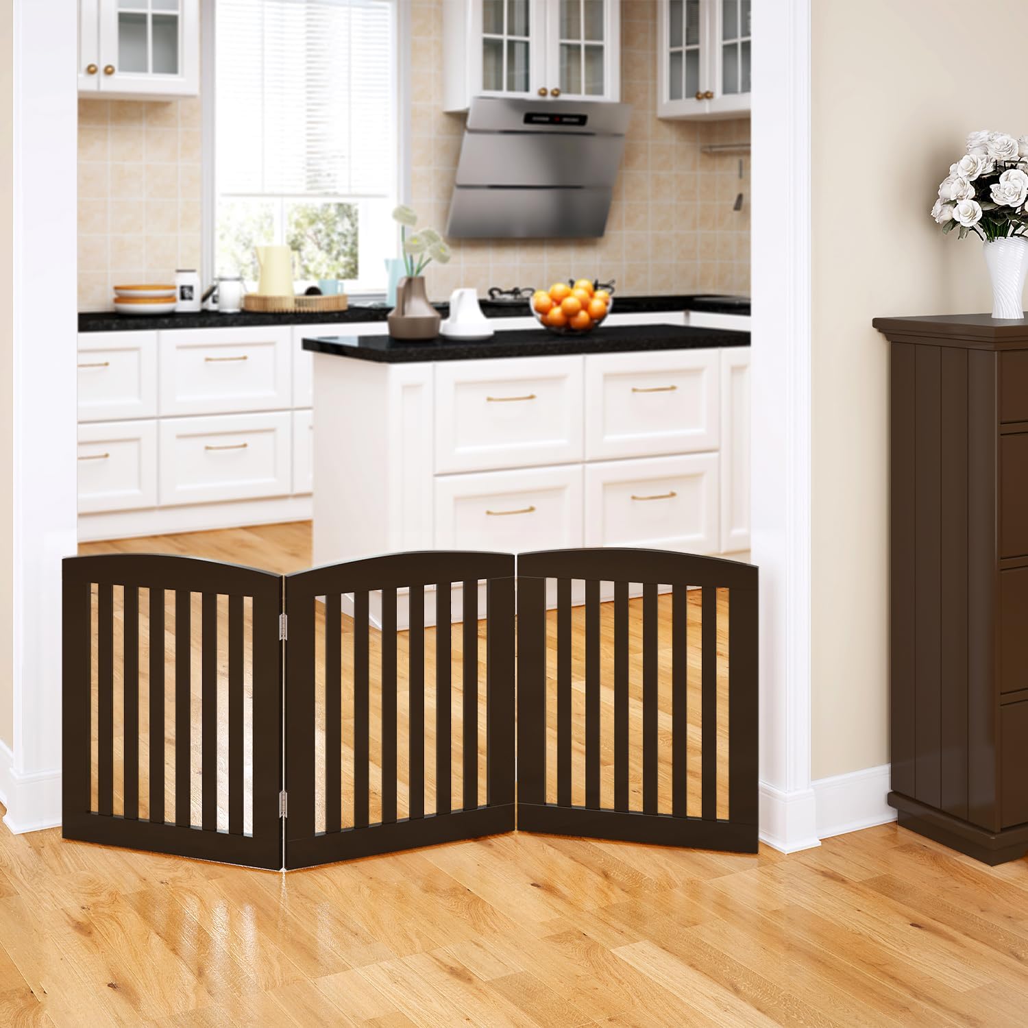 Wooden Freestanding Foldable Pet Gate for Dog,24" H Dog Gate Indoor | Dog Gate for Doorway, Stairs, the House, Step Over Fence, Extra Wide, Room Divider, Front Door, Hallway, 4 Panels, White - view 6