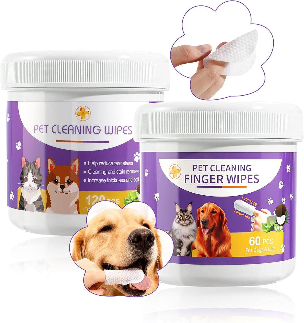 Pet Wipes Set for Dogs & Cats, Dental Finger Wipes & Eye Pads for Cleaning | Daily Pet Grooming Wipes Kit Pet Teeth Cleaning Dog Dental Care - view 2