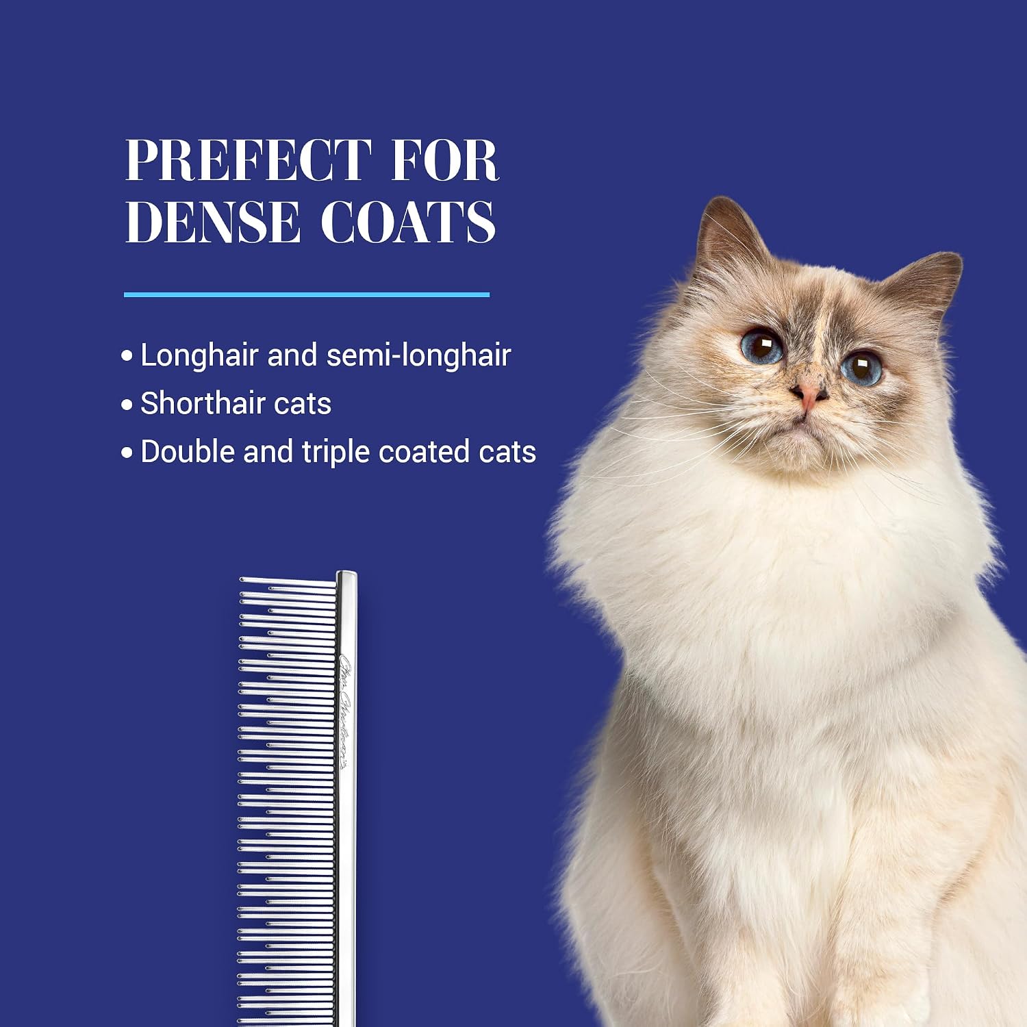6in Cat/Carding Dual Tooth Butter Comb, Groom Like a Professional, Rounded Corners Prevent Friction and Breakage, Solid Brass Spin with Steel Teeth, Chrome Finish - view 5
