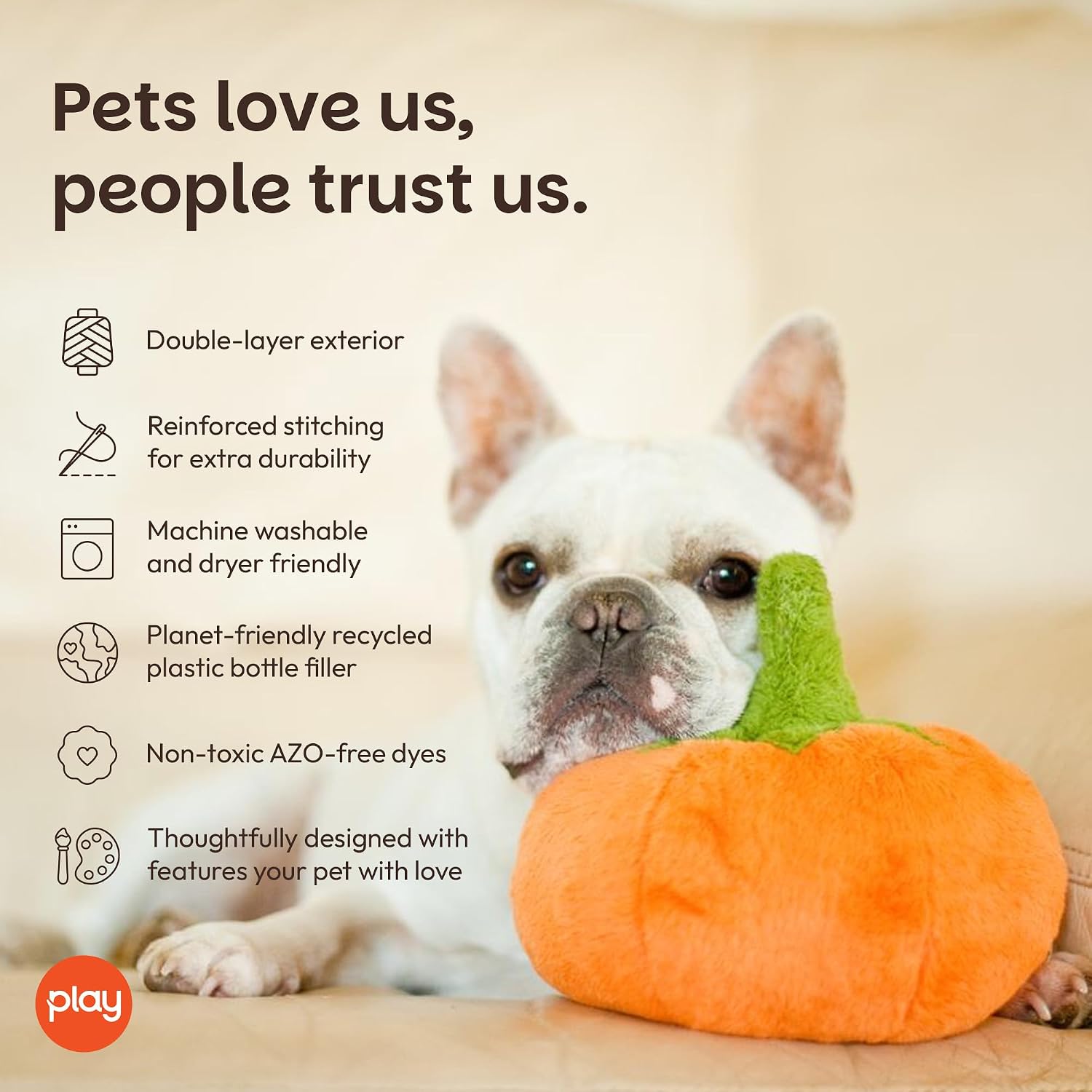 Cute plush dog toys - fruit & vegetable themed durable squeaker chew toy, great for puppies & small, medium, large dogs - machine washable, recycled materials (garden fresh pumpkin, medium) - view 4
