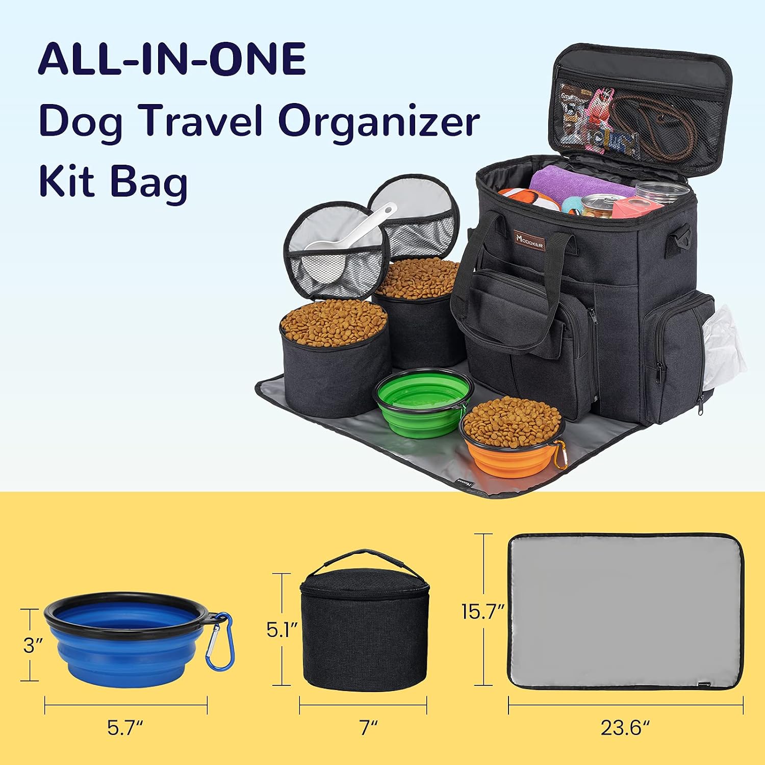 Dog Travel Bag with 2 Collapsible Dog Bowls, 1 Dog Backpack, Airline Approved Pet Travel BagOrganizer for Supplies & Accessories, 2 Travel Dog Food Container, Black | Dog travel accessories set with feeding supplies, bowls, mat, and strap. Ideal for weeke - view 5