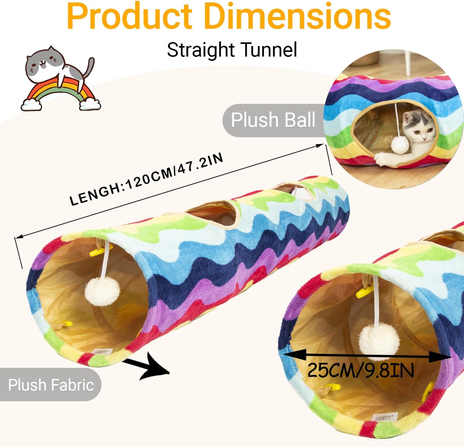 Cat tunnel - straight-shaped, rainbow wave color, soft velvet exterior, Oxford fabric fog-proof interior, plush toy ball, easily washable, conveniently foldable, 47.2in/120cm - view 3