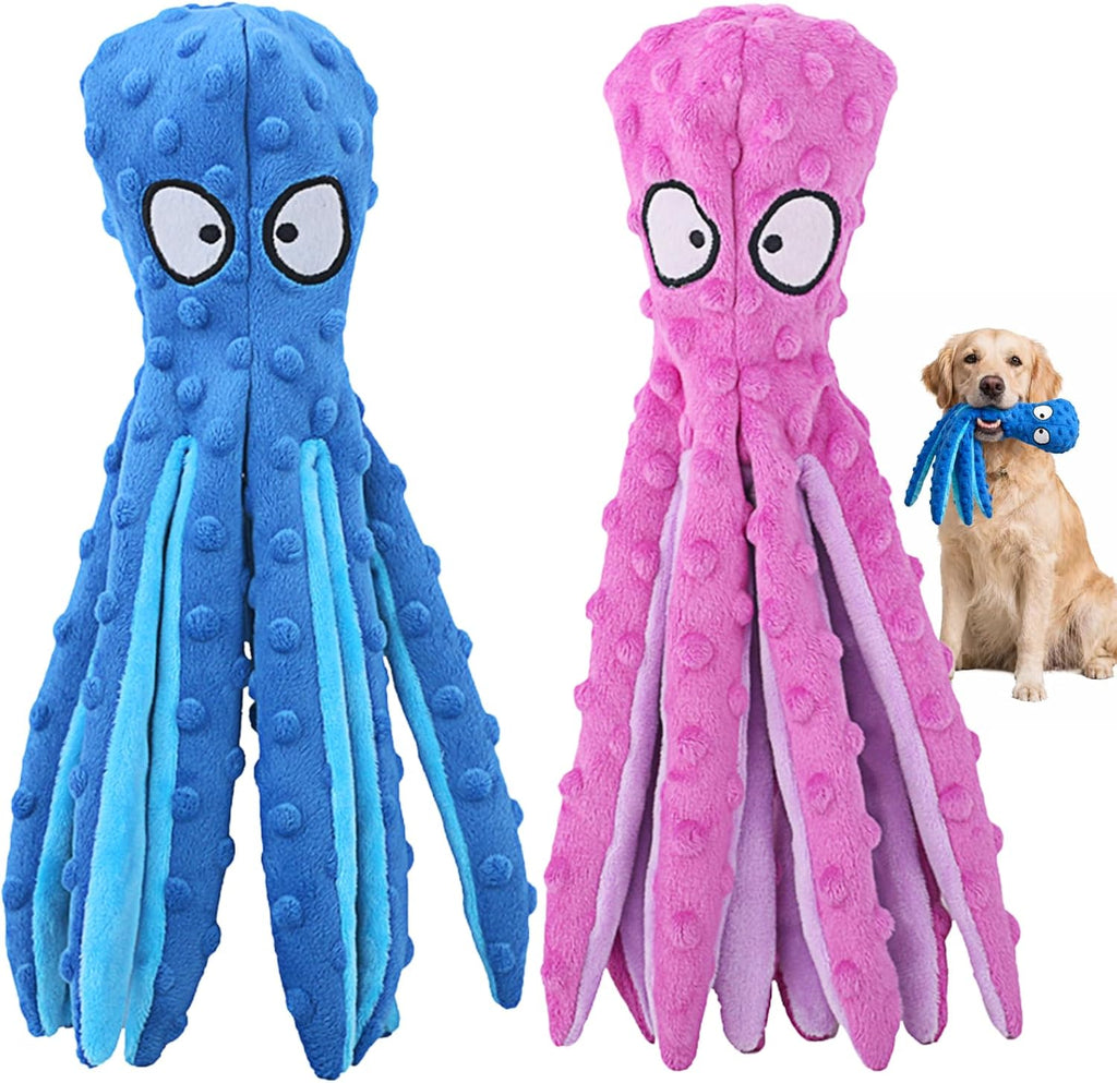 Squeaky dog toys - 2 pack no stuffing octopus crinkle plush chew toys for puppies small medium large dogs, interactive tug toys to keep dogs busy
