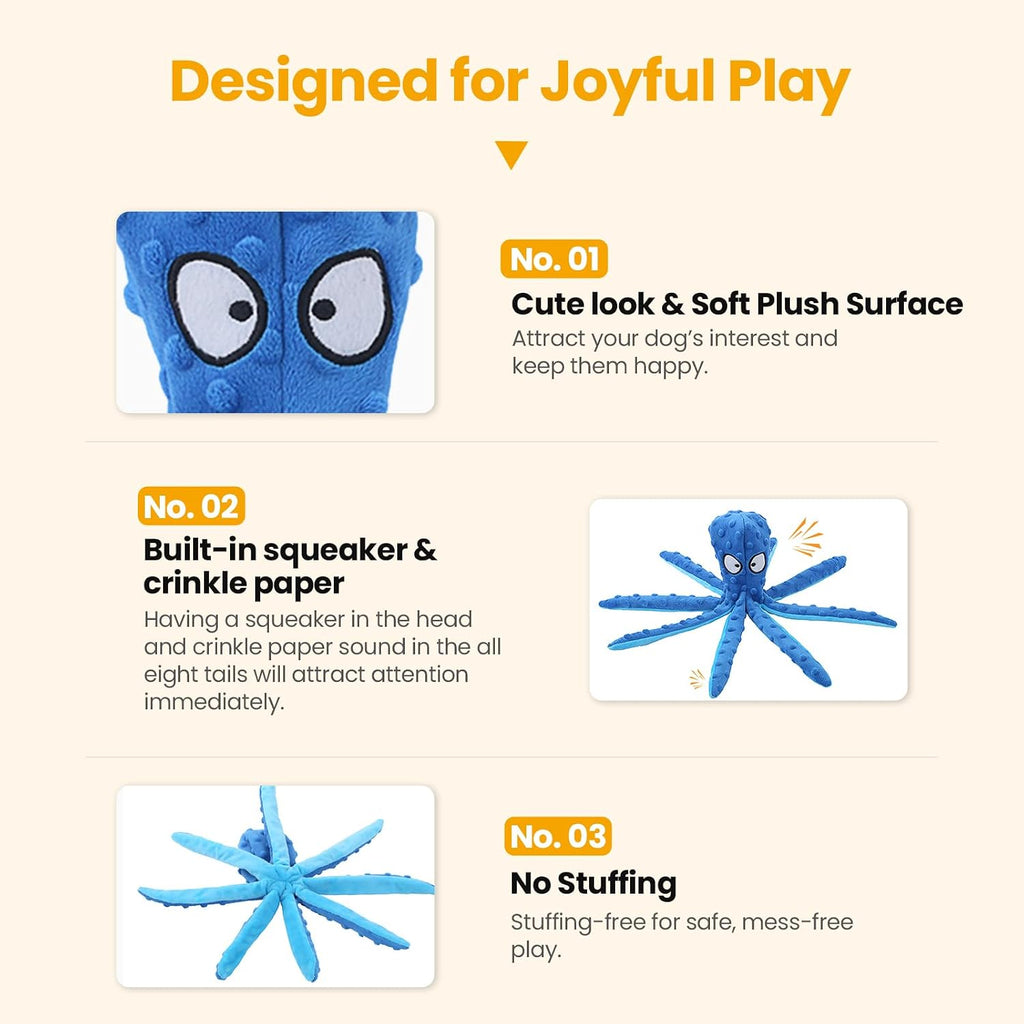 Squeaky dog toys - 2 pack no stuffing octopus crinkle plush chew toys for puppies small medium large dogs, interactive tug toys to keep dogs busy - view 6
