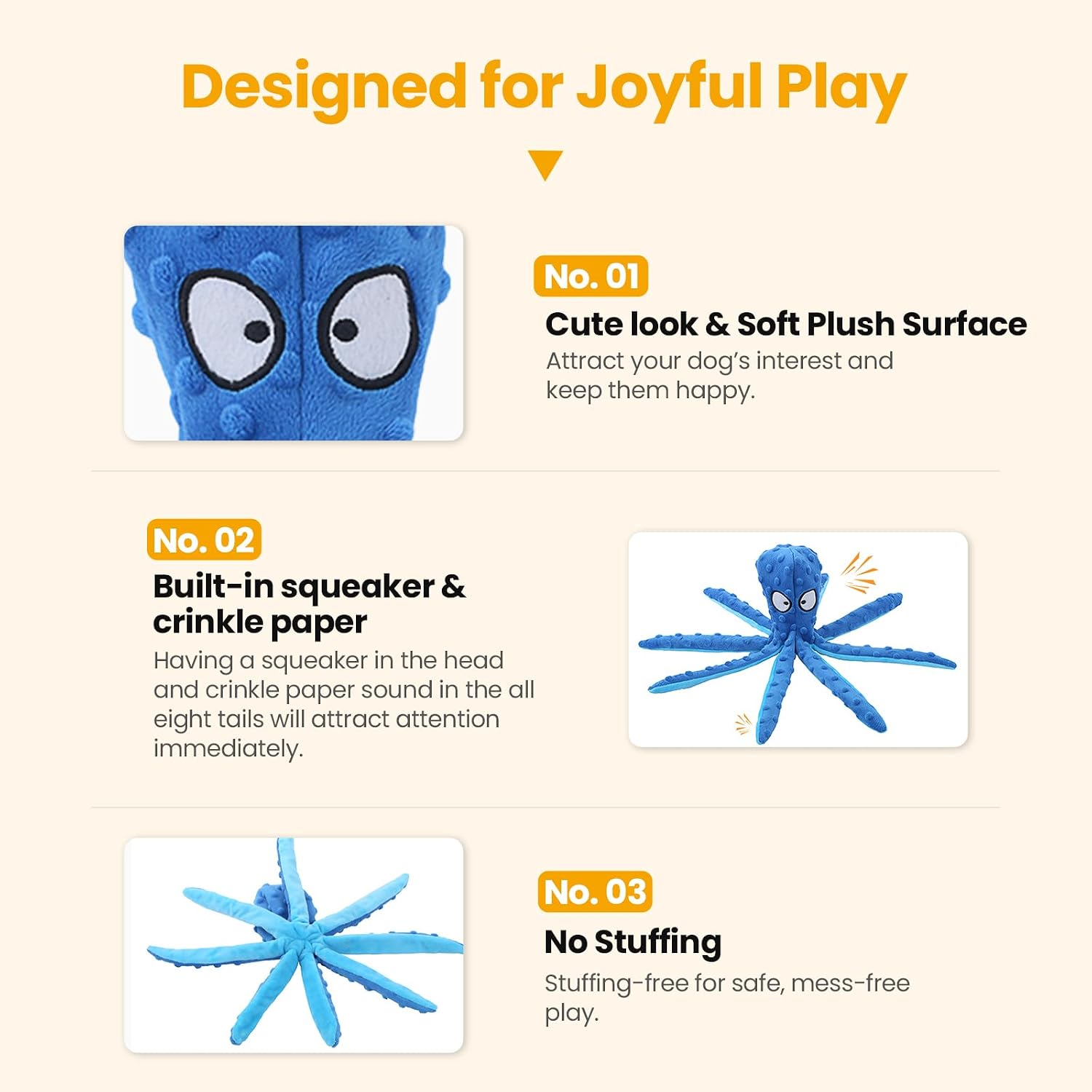 Squeaky dog toys - 2 pack no stuffing octopus crinkle plush chew toys for puppies small medium large dogs, interactive tug toys to keep dogs busy - view 6