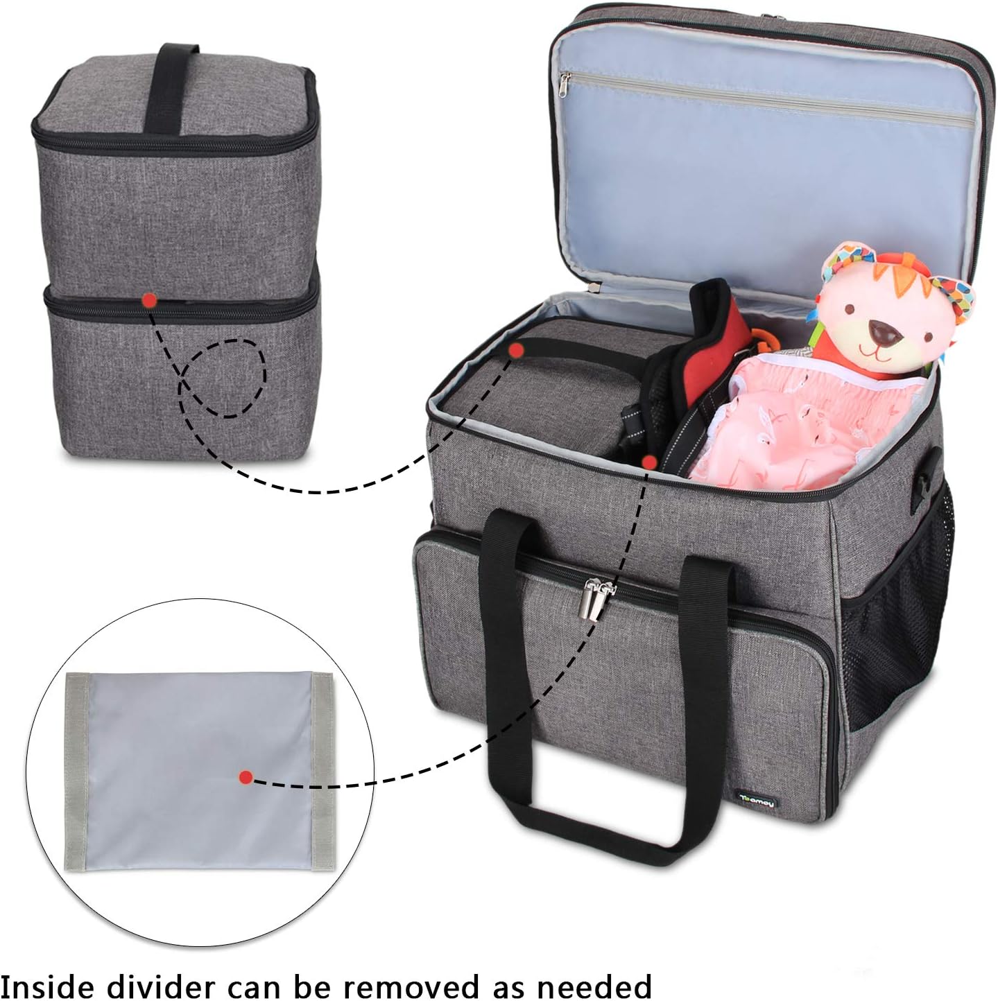 2 Layer Dog Travel Bag, Pet Supplies Weekend Tote Organizer, Gray | Large Dog Bag for Supplies with 2 Silicone Collapsible Bowls, 2 Food Carriers, 1 Water-Resistant Placemat - view 3