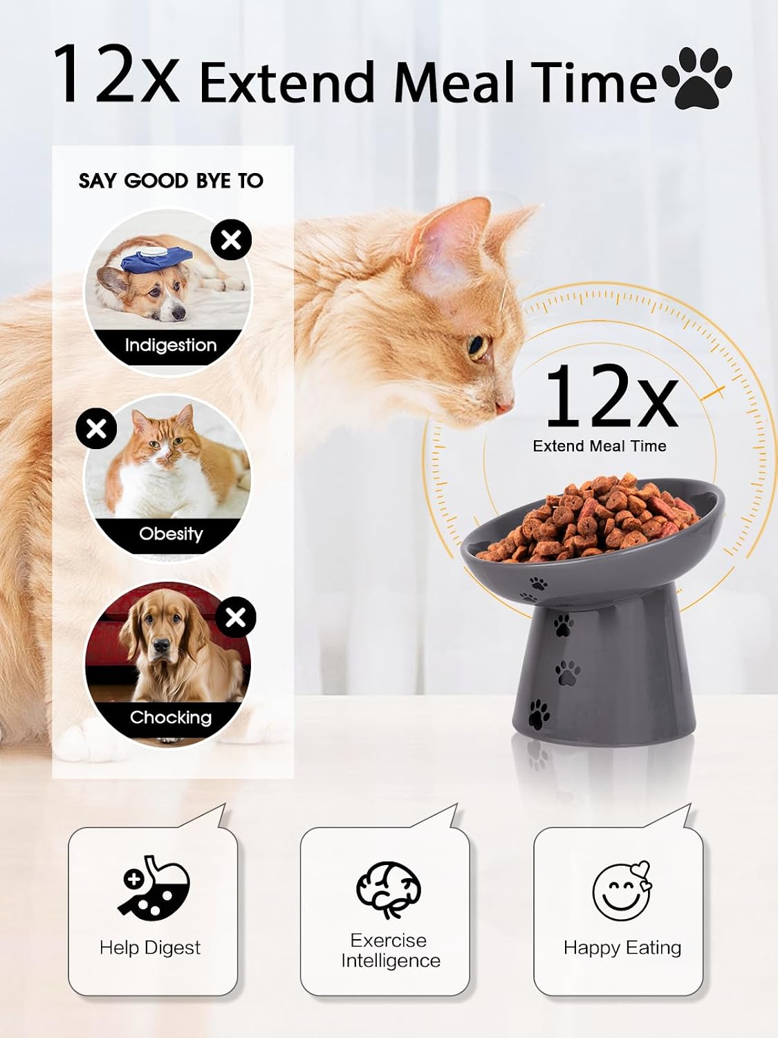Slow Feeder Cat Bowl, Ceramic Cat Slow Feeder Bowl, 6 Inches, Elevated, Anti Vomiting for Dry and Wet Food, Gray - view 2