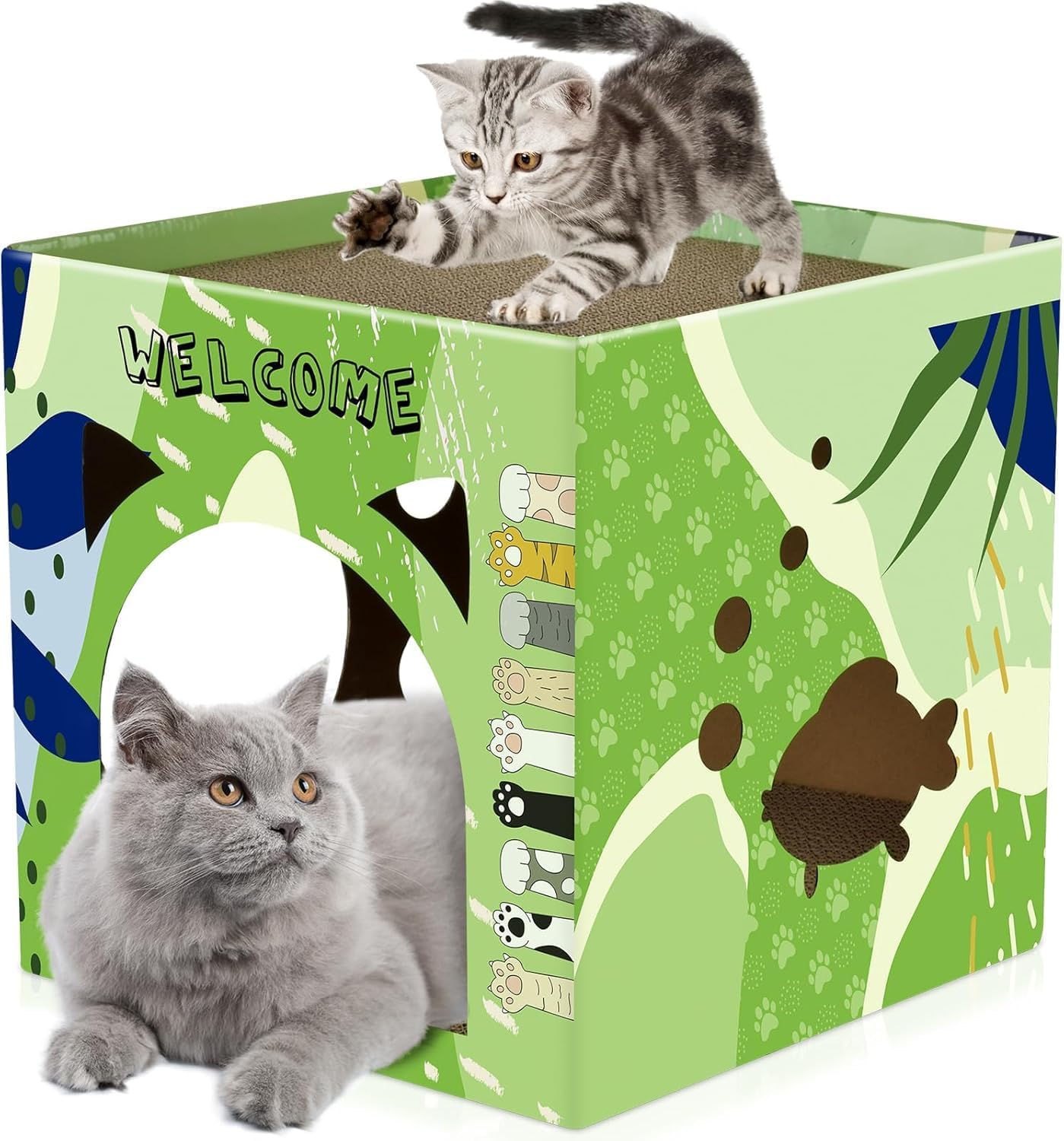 Cat Cardboard House, Large Thickened Play House with 2 Story Scratch Pads Bed Scratching Lounge for Indoor Cats Kittens Breathable Cube Shelter Corrugated Scratcher Box Toy