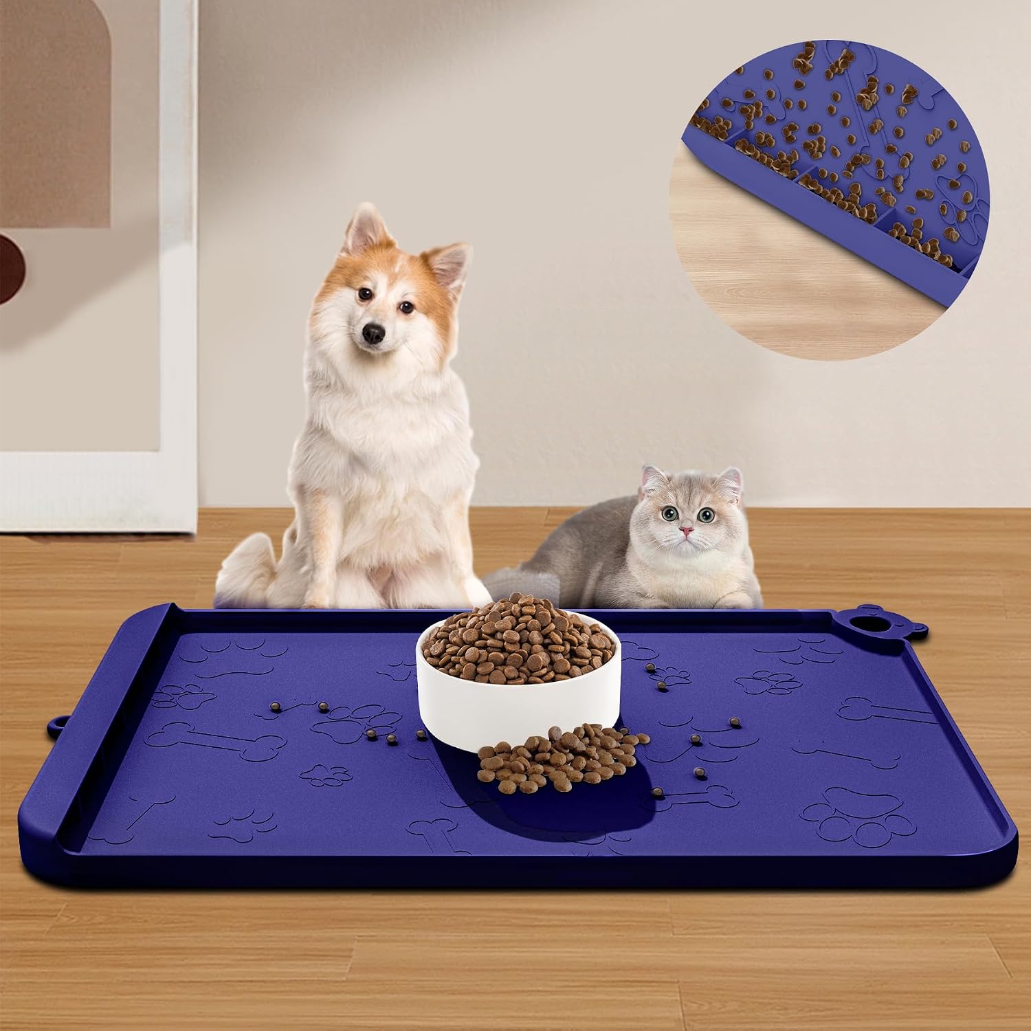 Silicone Dog Food and Water Mat - Pet Feeding Mats with Waterproof Design, Raised Edges and Hooks, Placemats for Cats and Dogs - view 4