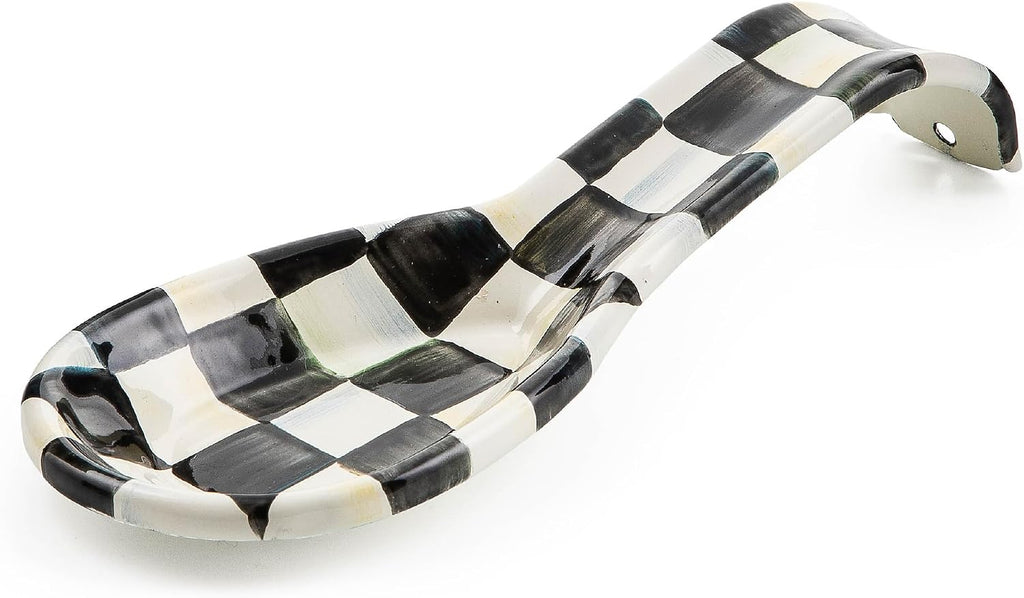 Enamel Spoon Rest, Gray-and-White Sterling Check | Hand-painted design, made from enameled steel, utensil rest and spoon holder for stovetop and kitchen counter use, 8.5" L - view 4