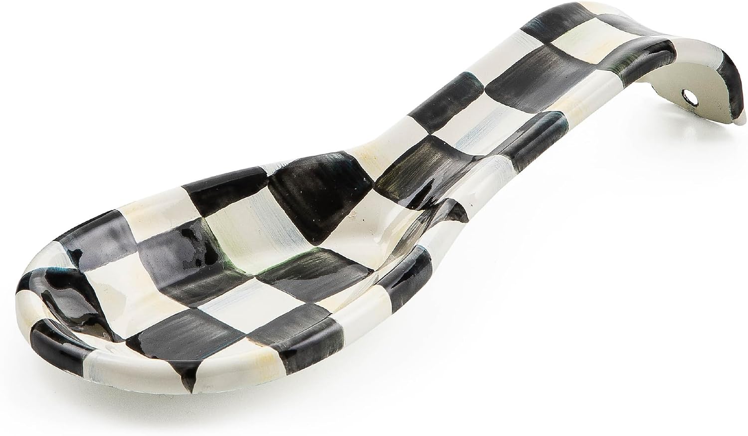 Enamel Spoon Rest, Gray-and-White Sterling Check | Hand-painted design, made from enameled steel, utensil rest and spoon holder for stovetop and kitchen counter use, 8.5" L - view 4