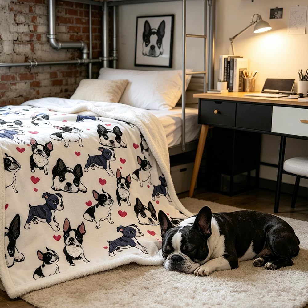 50x60 Sherpa Fleece Throw Blanket, Boston Terrier | sherpa fleece. boston terrier print; for couch, bed, or sofa. - view 6