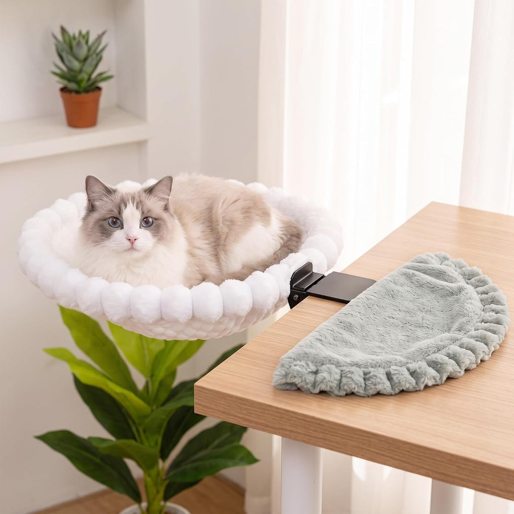Desk Cat Bed with 2 Washable Covers (Gray & White Set), Space Saving Clamp-On Cat Perch Hammock for Desk Side, Heavy Duty Metal Frame Cat Lounge Seat for Indoor Cats, Fits Most Desks