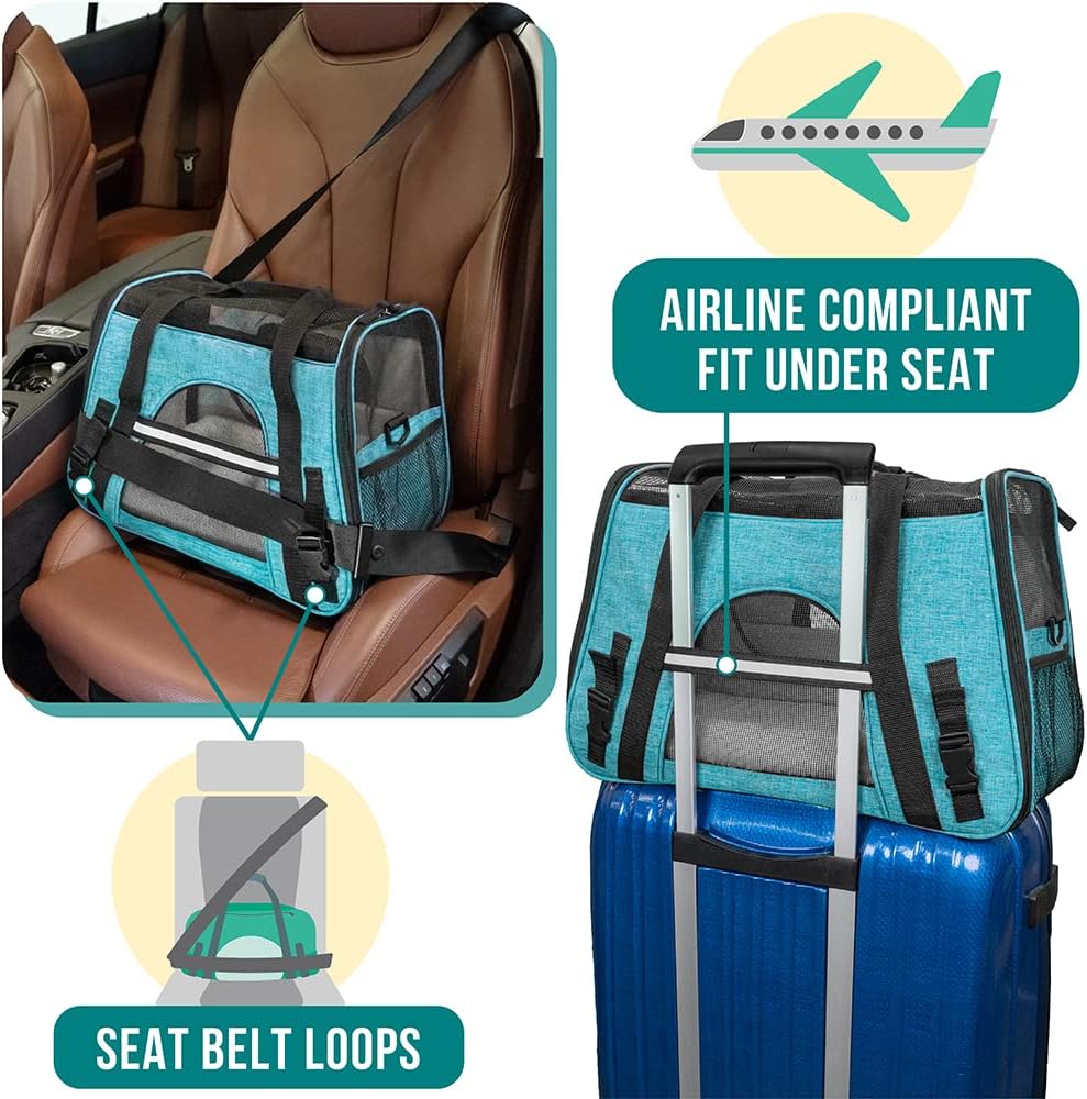 Airline Approved Pet Carrier for Cats & Small Dogs, Soft Sided TSA Travel Carrier Bag Sherpa Bed, Breathable Mesh Ventilation, Collapsible Bowl, Fit Under Seat, Up to 18 lbs, Large Heather Blue - view 6
