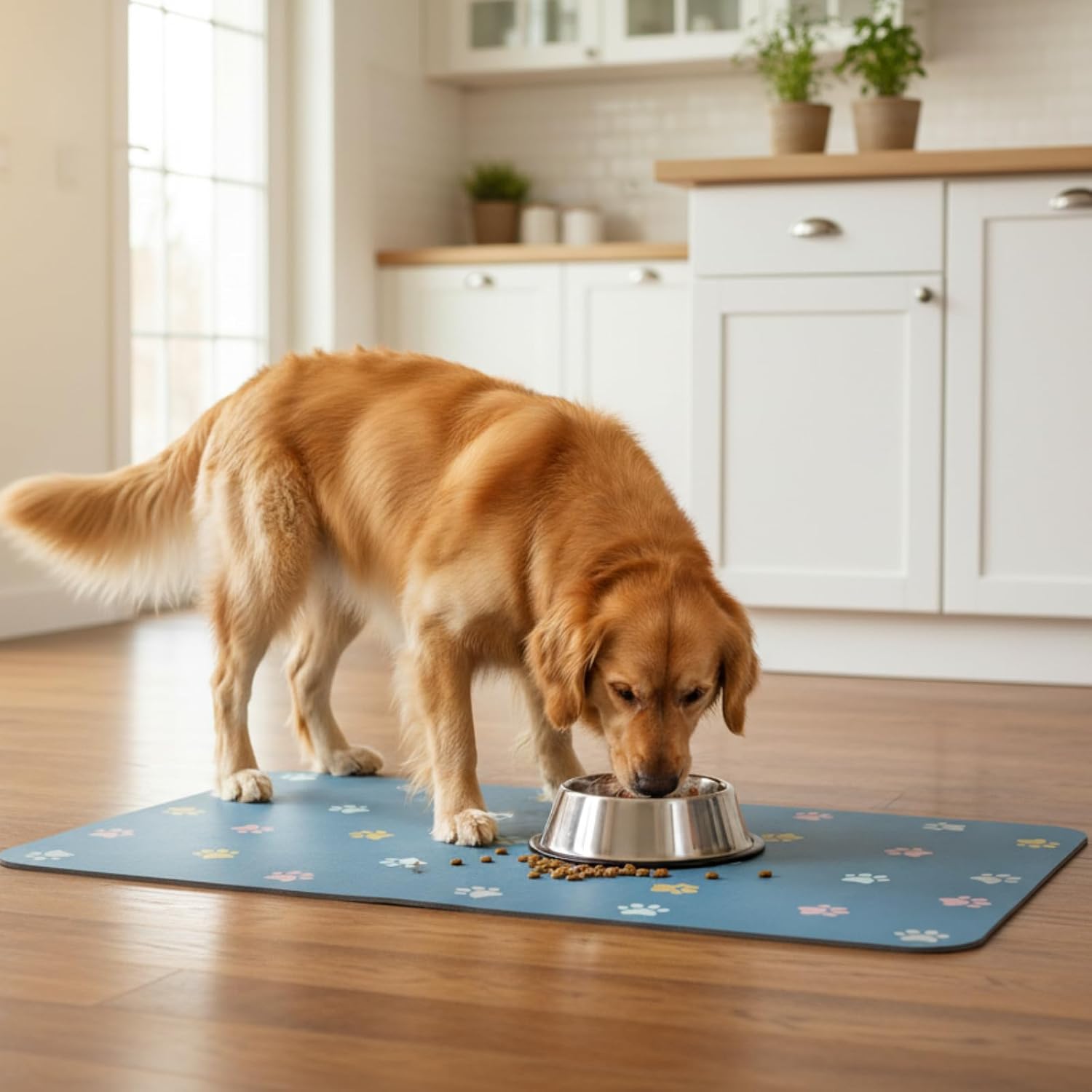 Pet Feeding Mat Absorbent Dog Mat for Food and Water Non Slip Quick Dry Dog Bowl Mats for Floors 27" X 17" Paw Lake Blue - view 3