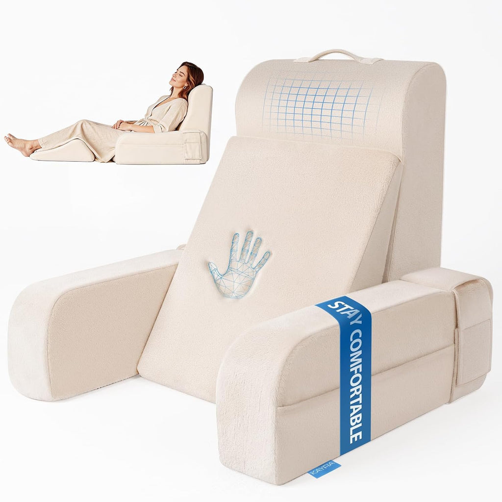 Reading Pillow, Gel Memory Foam Back Rest Pillow, 19", Ivory | 3 Storage Pockets, Dual-Use Back Leg Support Pillow, Detachable Armrests, Ideal for Reading, Gaming, Working on Bed & Couch