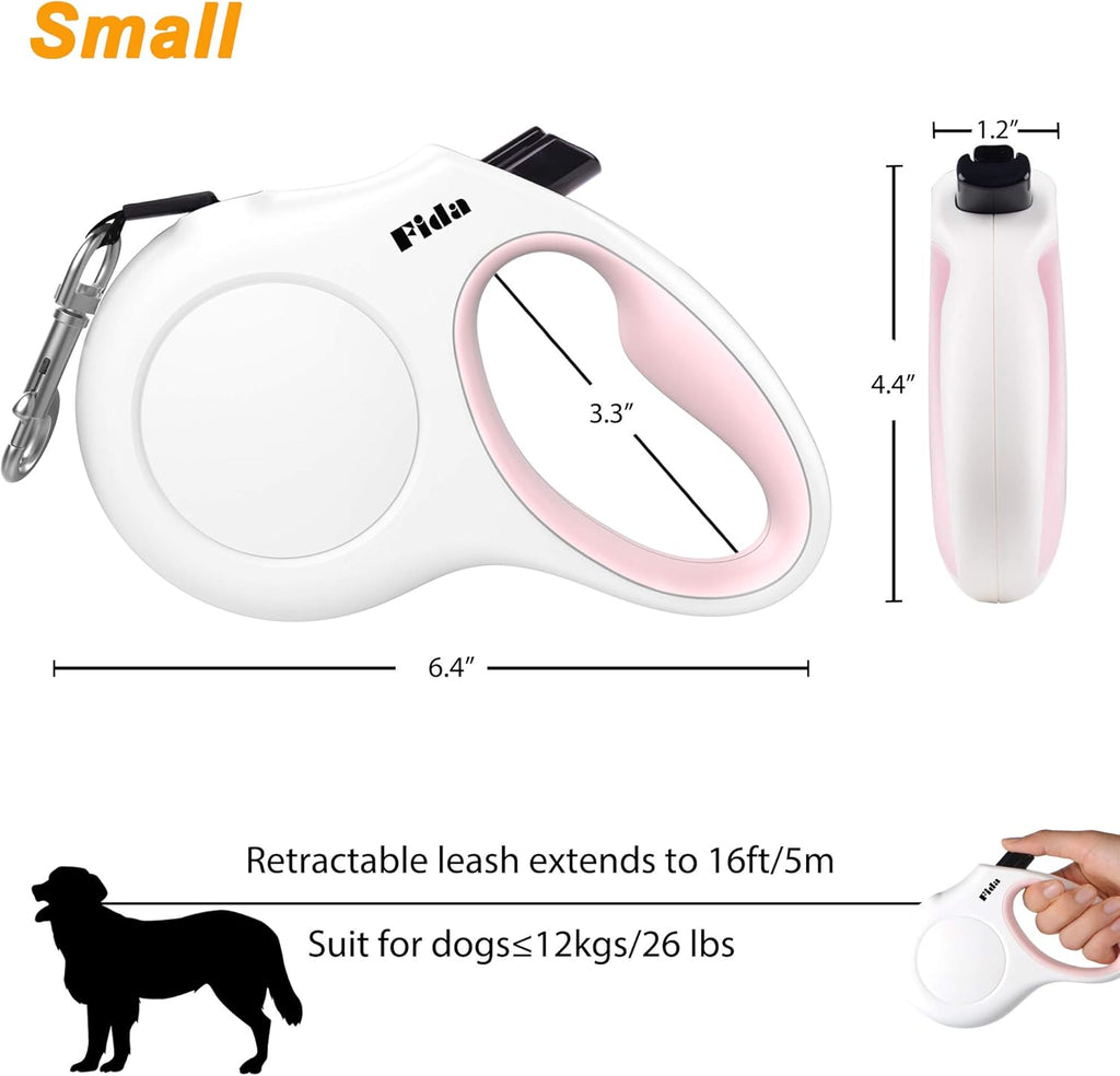 Fida Retractable Dog Leash for Small Breed up to 26 lbs, 16 ft Pet Walking Leash with Dispenser and Poop Bags, Anti-Slip Handle, Reflective Strong Nylon Tape, One-Handed Brake (S, White & Pink) - view 6