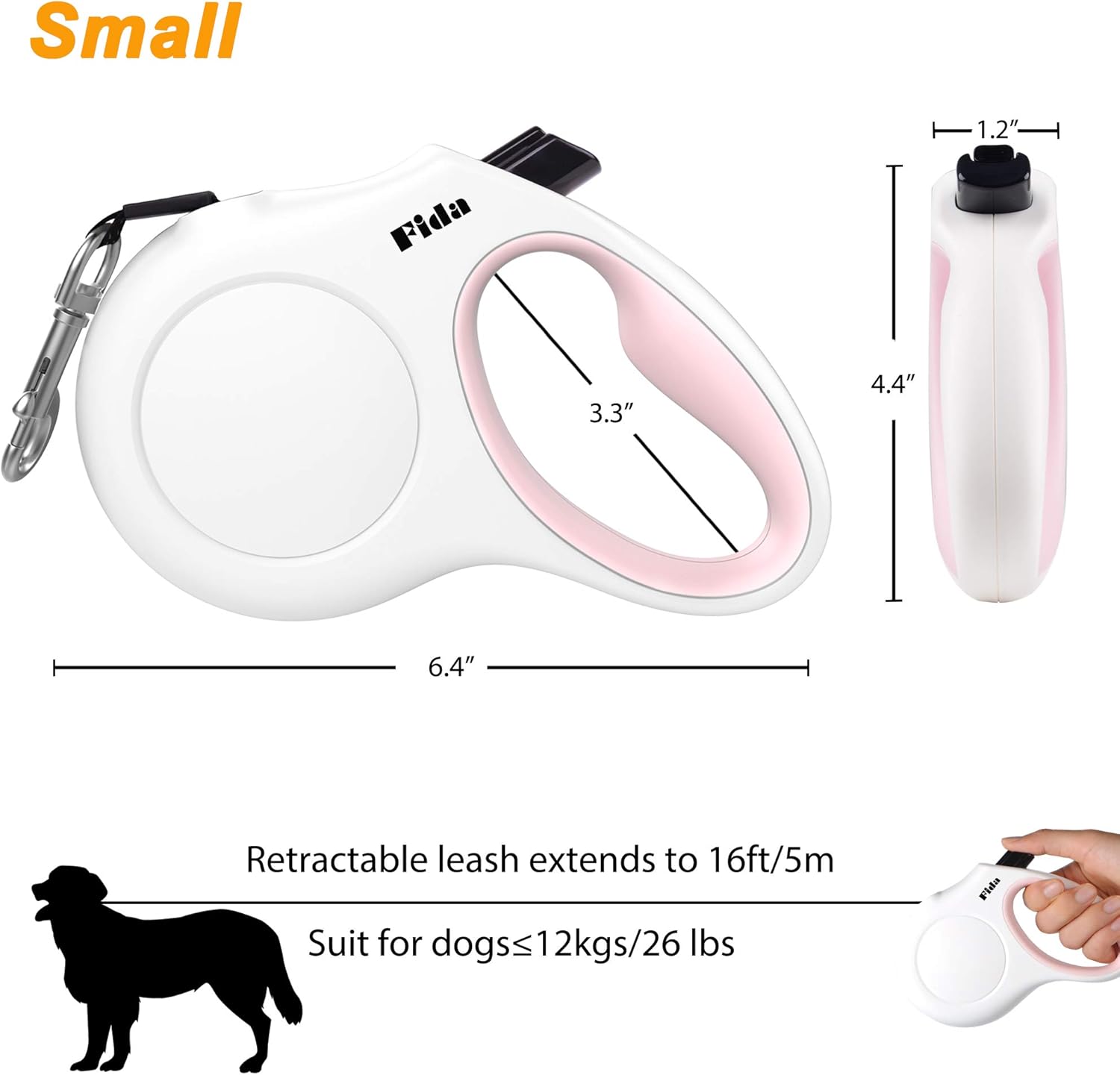 Fida Retractable Dog Leash for Small Breed up to 26 lbs, 16 ft Pet Walking Leash with Dispenser and Poop Bags, Anti-Slip Handle, Reflective Strong Nylon Tape, One-Handed Brake (S, White & Pink) - view 6