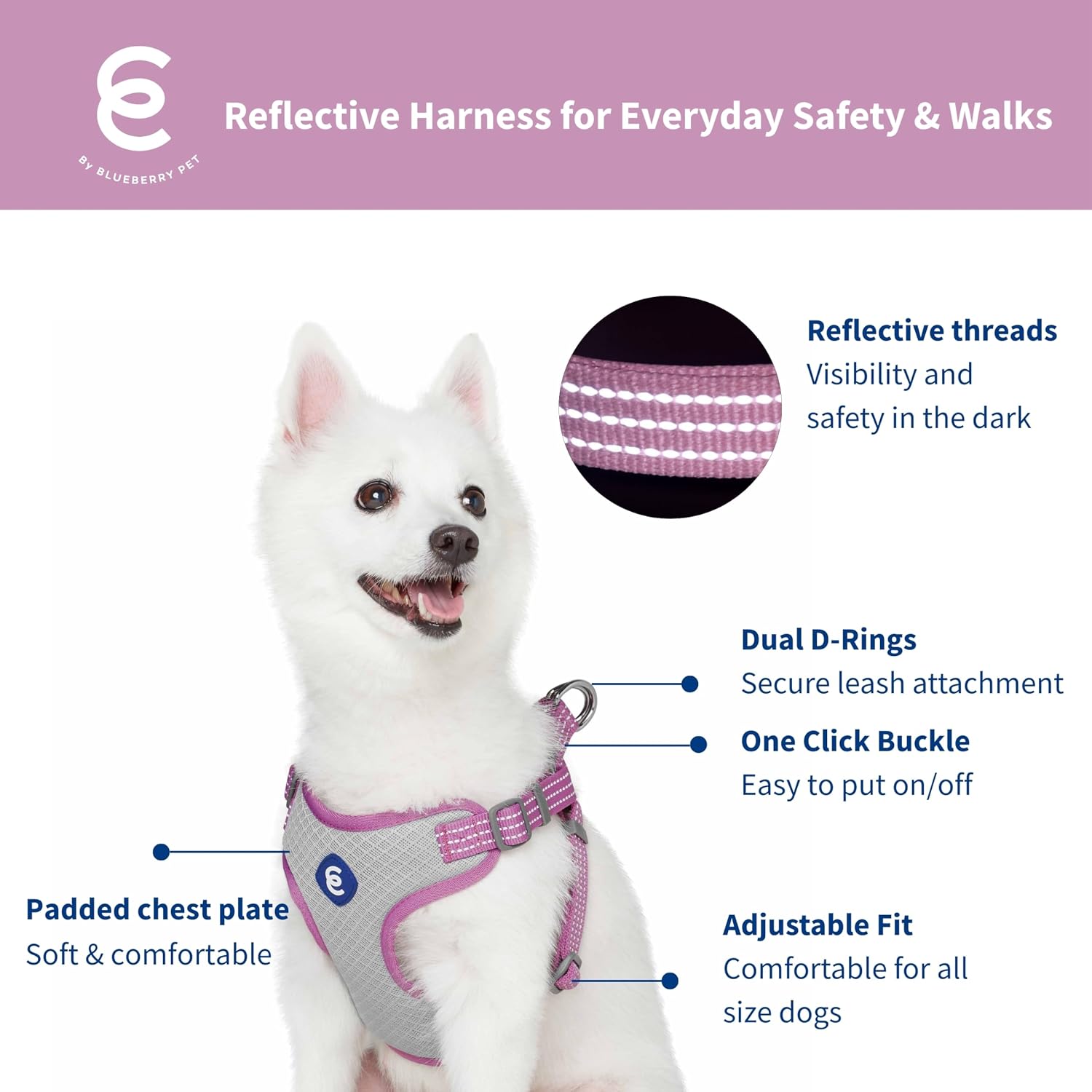 Essentials Dog Harness - Reflective Dog Harness for Large Dogs, Mauve Orchid, Adjustable Vest with Breathable Mesh, Safety Harness for Night Walkers, Outdoor Pet Safety - view 2