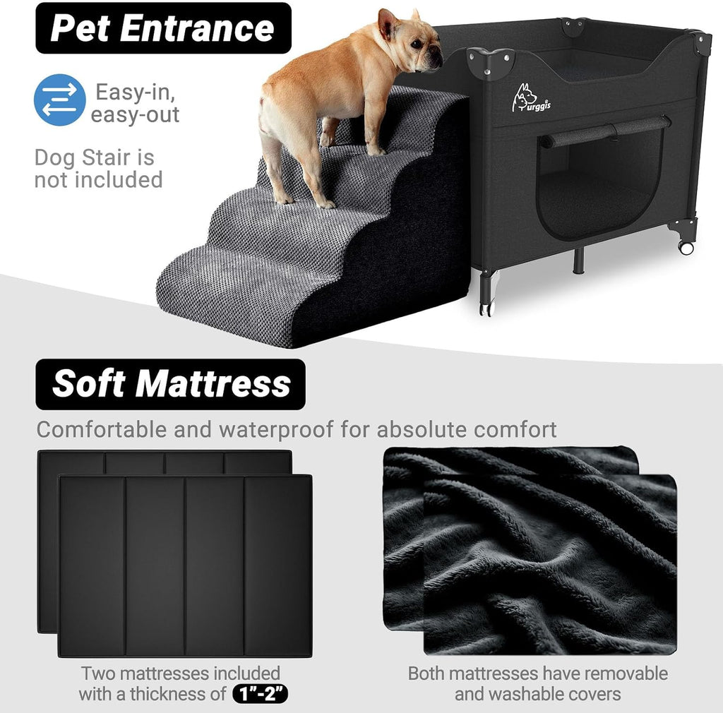Bedside Dog Lounge Bed, Fordable Bunk Beds Attachment to Human Bed | Raised Dog Lounge Bed for Small Medium Cats & Dogs, Elevated Bedside Co-sleeper Dog Cot with Wheels, Pet Window Perch, Black - view 4