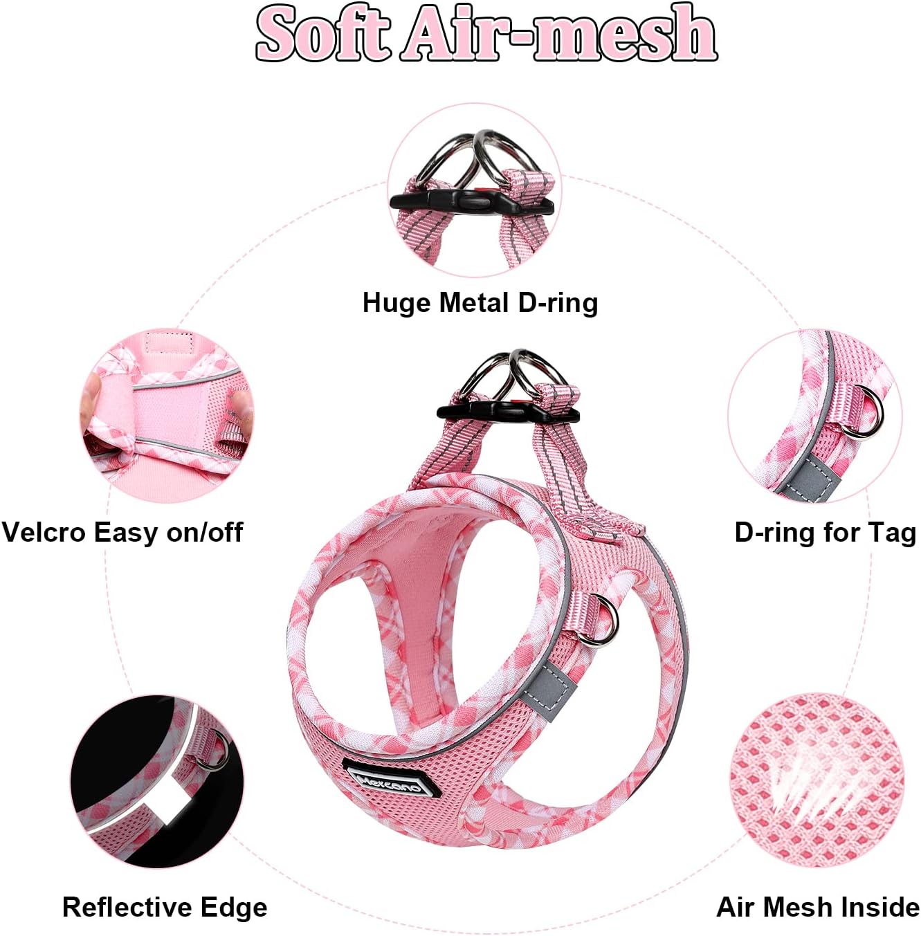 Soft Mesh Dog Harness and Leash Set, Step-in Reflective Breathable Lightweight Vest Harnesses with Safety Buckle for Small Dogs, Cats (Pink, S) - view 3