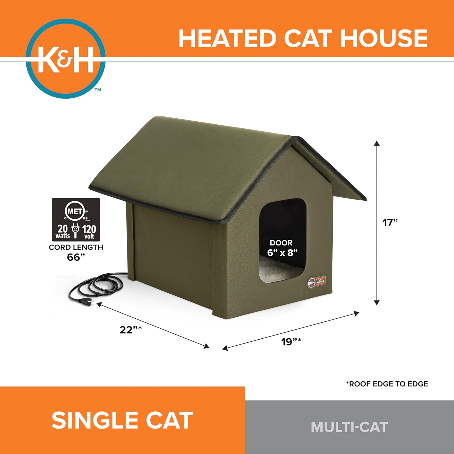 Heated Outdoor Cat House for Outside Pets in Winter, Weatherproof Outdoor House for Ferals, Insulated Kitty Shelter, 2 Doors, Waterproof Heated Cat Bed, Safety Listed - Olive/Olive - view 2