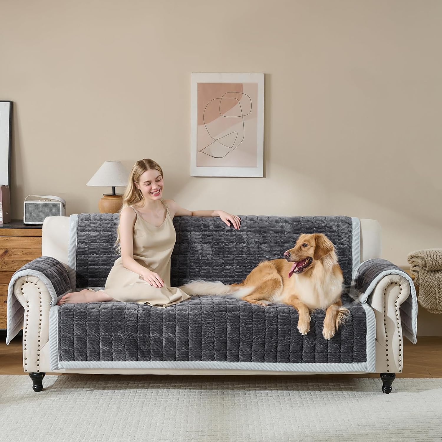 Couch cover for dogs washable, non-slip fuzzy sofa covers for pets | thick soft furniture protector fits loveseat & sectional, against fur & dirt (dark gray, 1pc/36"x65"/seat cover)