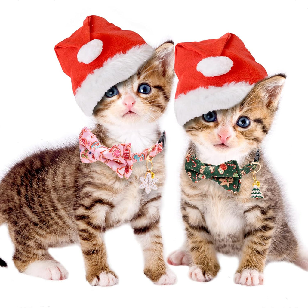 2 Pack Christmas Cat Collars - Cute Holiday Collars with Bow Tie, Breakaway, Pink & Green, Winter, for Boy & Girl Cats - view 6