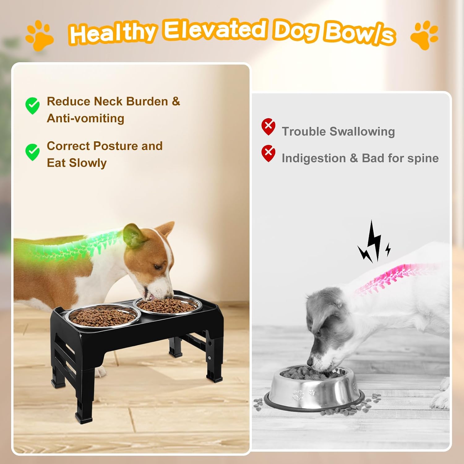Elevated Dog Bowls for Small Medium Dogs, 3 Height Adjustable Raised Stand with 2 Thick 6" Stainless Steel Food Bowls, Non-Slip Feeder Adjusts to 2.75", 6", 7.5", Black - view 4