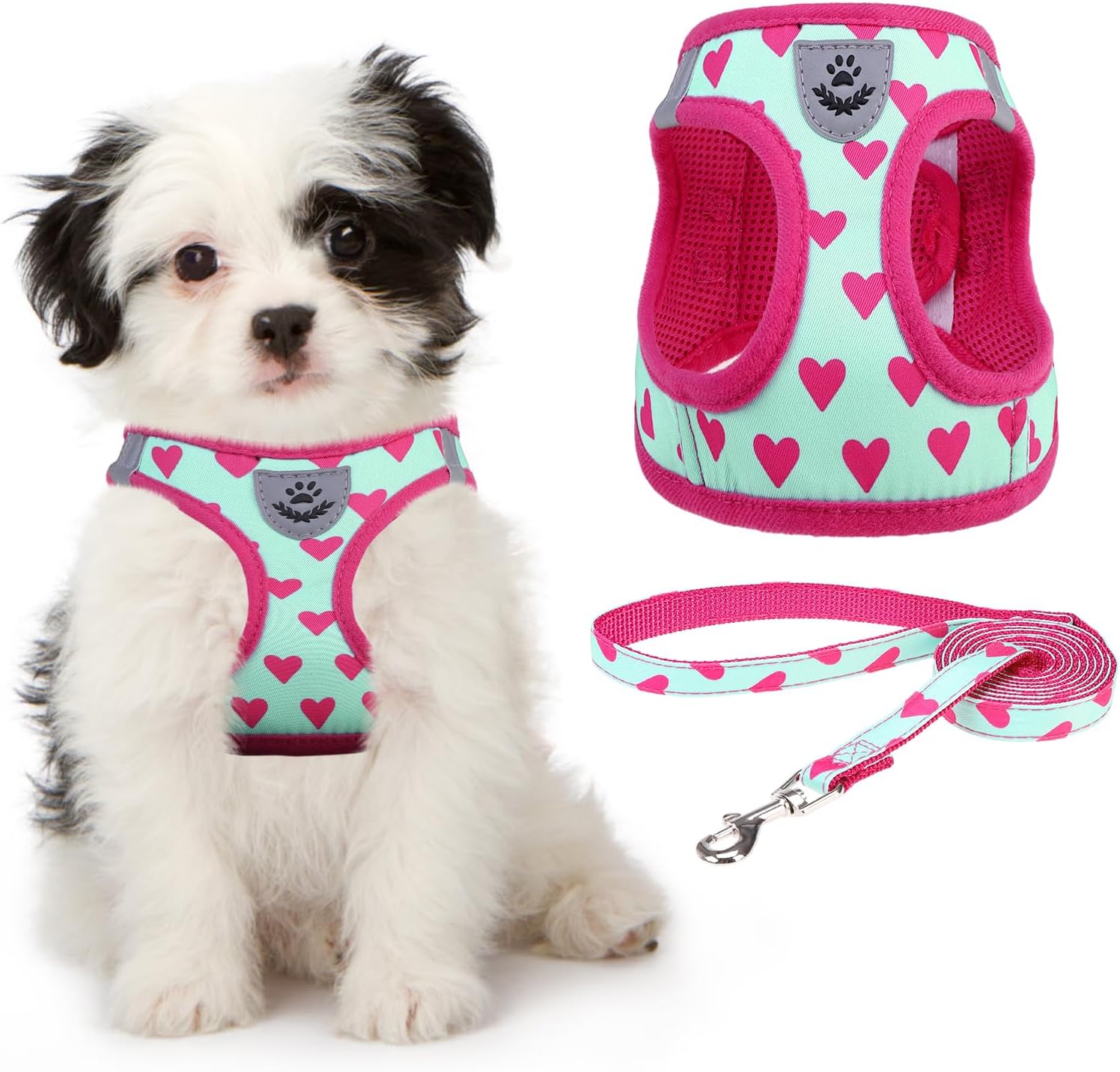Small Dog Harness and Lead Set, Soft Mesh Plaid Puppy Harness with Safety Buckle, Adjustable & Comfortable Padded Reflective Vest for Puppies and Small Breeds Dogs Walking,Pink,X-Small - view 6