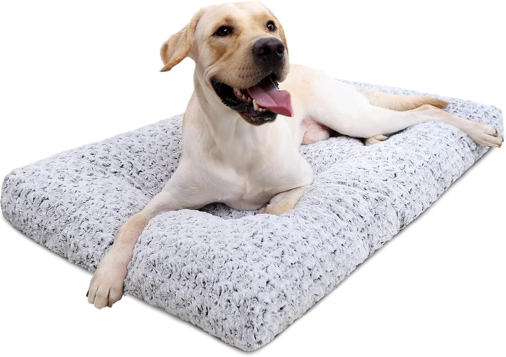 Washable dog bed medium size dog crate bed plush pet mat 35"x23" gray | deluxe plush comfy kennel pad, anti-slip bottom, deep sleeping mat for medium dogs, machine washable for easy cleaning